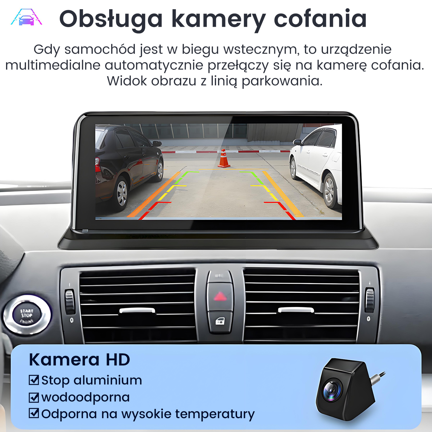 Samochodowy system multimedialny pokazujący widok z kamery cofania na parkingu i kamerę.