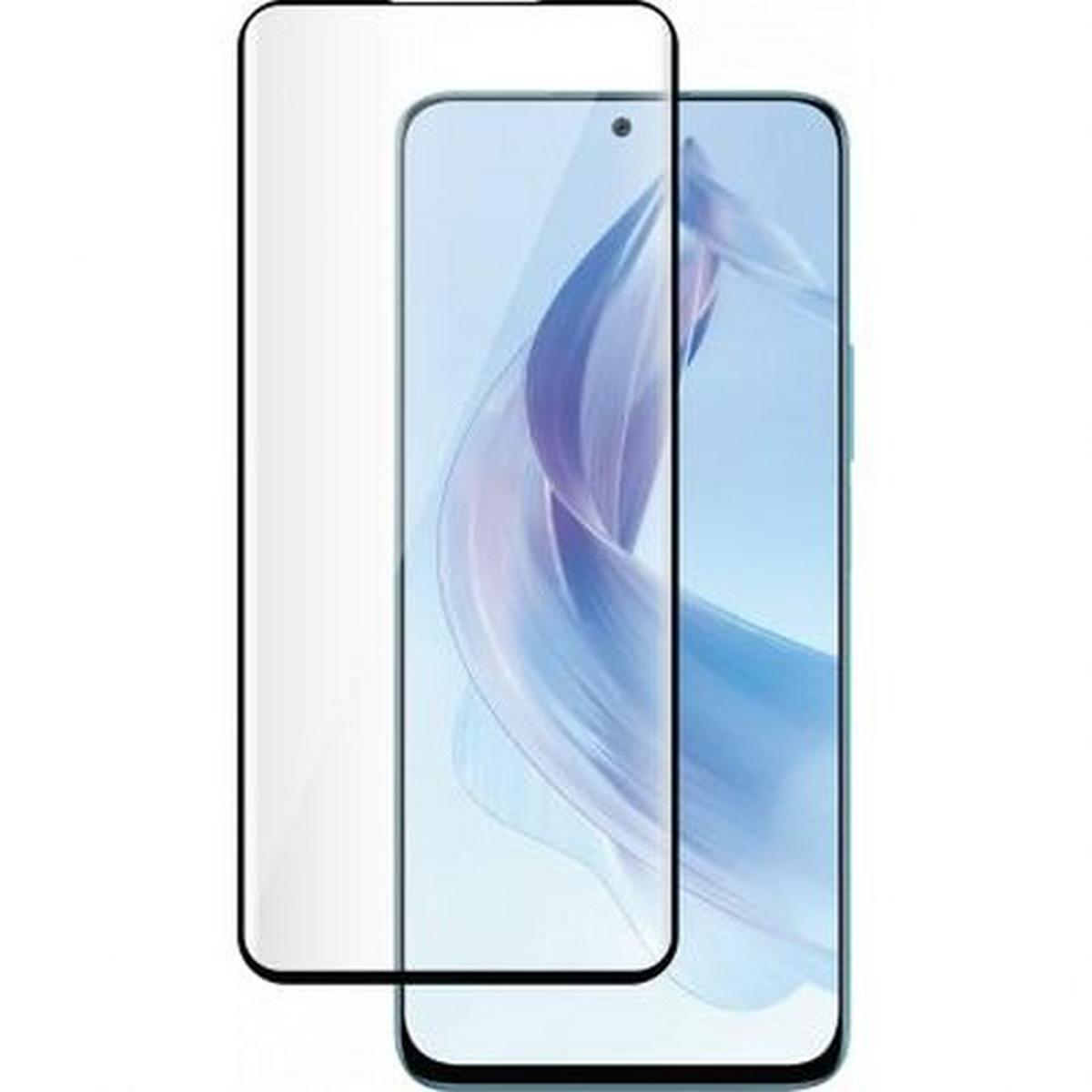 Telefoon met schermbeschermer. Het scherm is lichtblauw met een blauw en paars ontwerp.