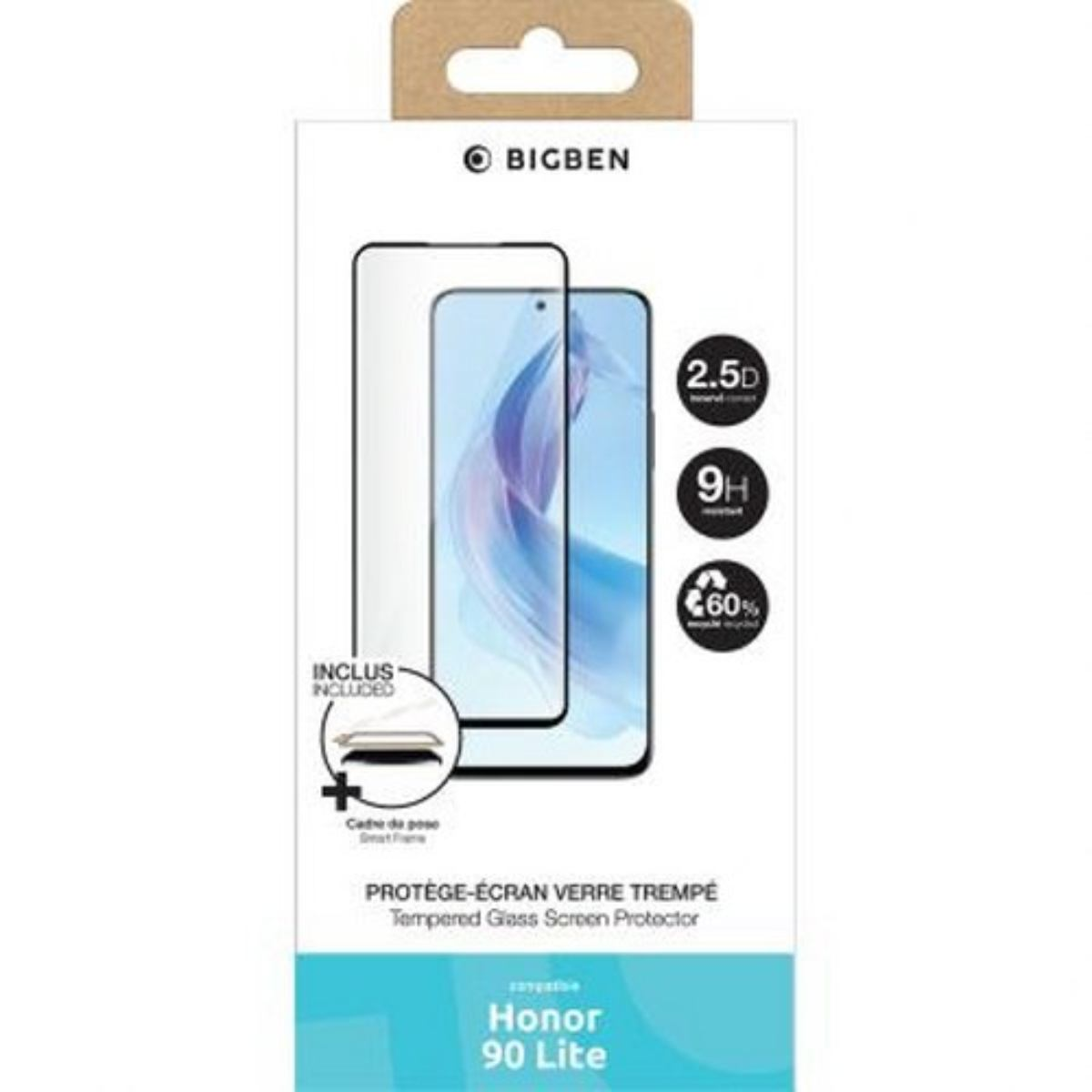 Een telefoon screenprotector doos. Het toont een telefoon met een screenprotector.