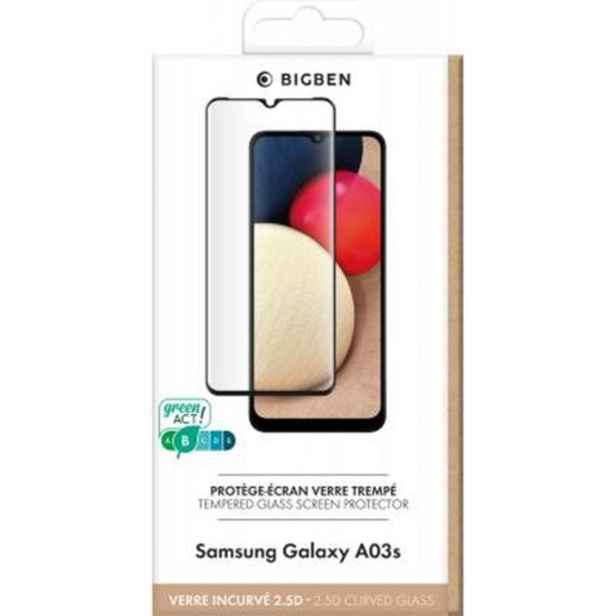 Emballage d'un protecteur d'écran pour Samsung Galaxy A03s. L'emballage est blanc.