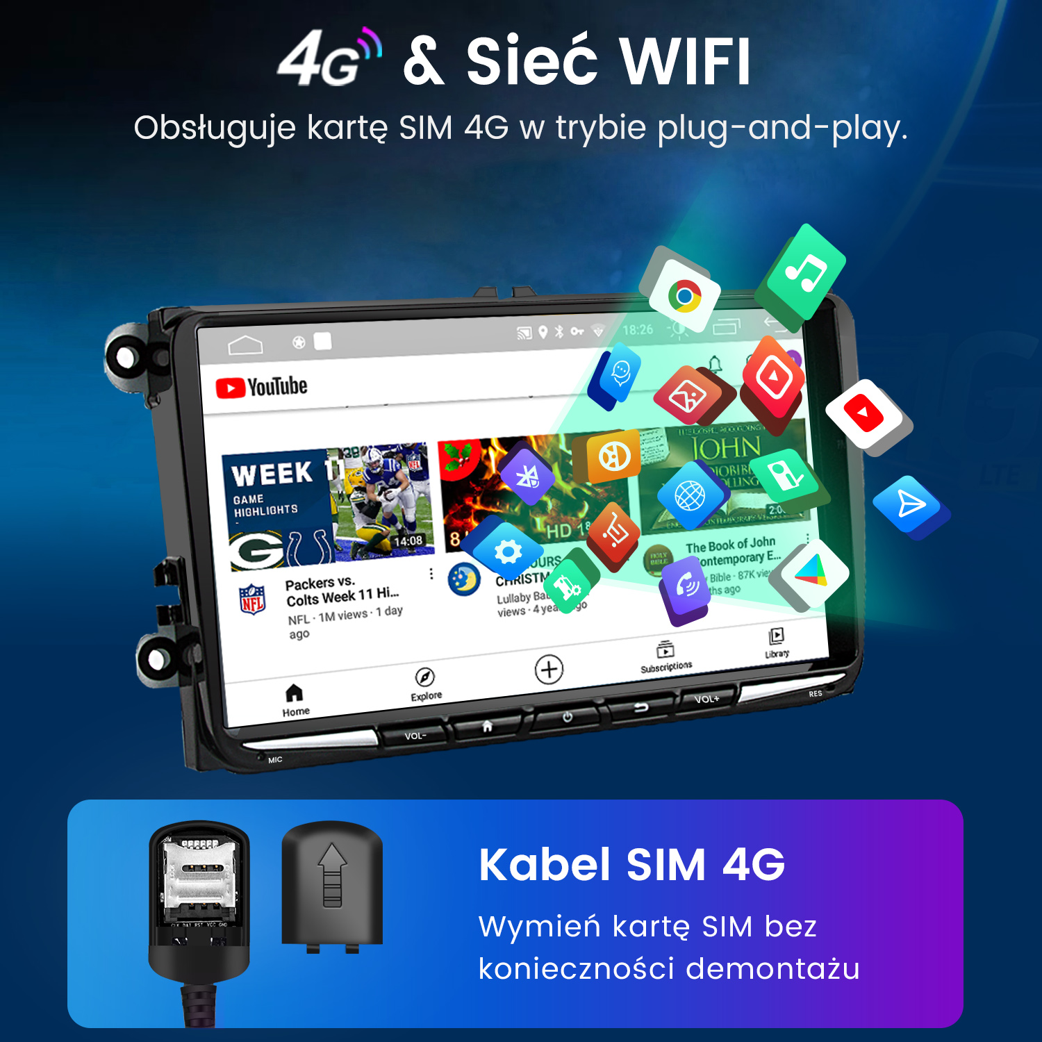 Ekran samochodowy z YouTube i ikonami aplikacji. Posiada kartę SIM 4G i CarPlay.