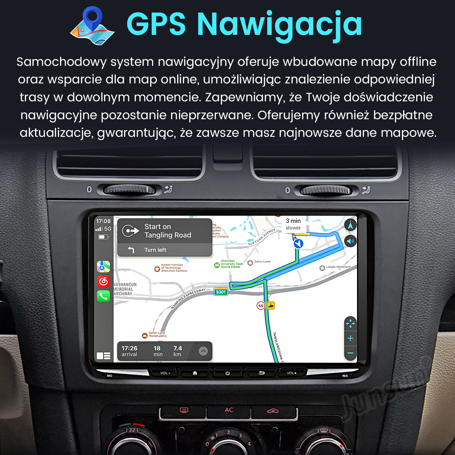 Samochodowy system multimedialny pokazujący nawigację GPS i interfejs mapy.