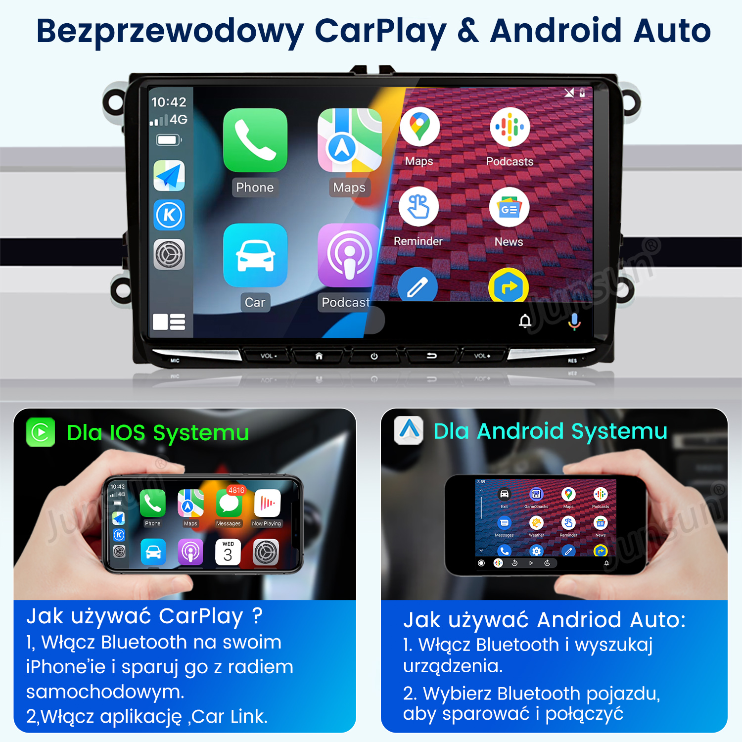 Interfejs CarPlay i Android Auto w samochodowym systemie multimedialnym z interfejsami telefonu.