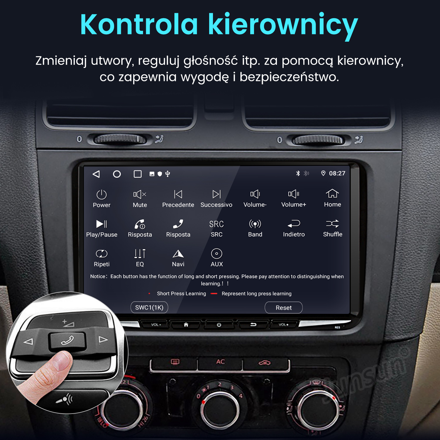 Interfejs radia samochodowego z przyciskami i interaktywną ręką. Pokazuje sterowanie muzyką i radiem.