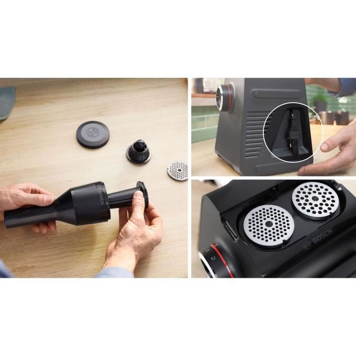 Zbliżenie części maszynki do mięsa, w tym maszynki, ostrzy i akcesoriów.