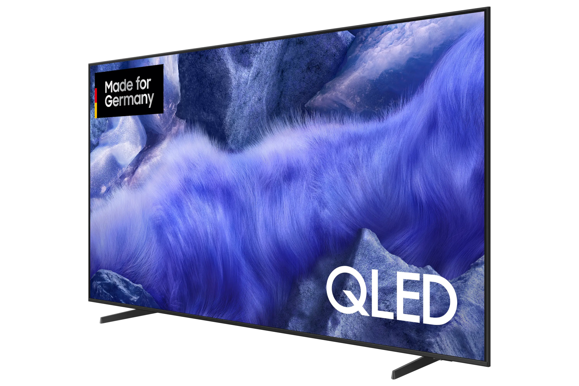 Ein großer schwarzer QLED-Fernseher schräg, mit blau-violettem Hintergrund und QLED-Logo.