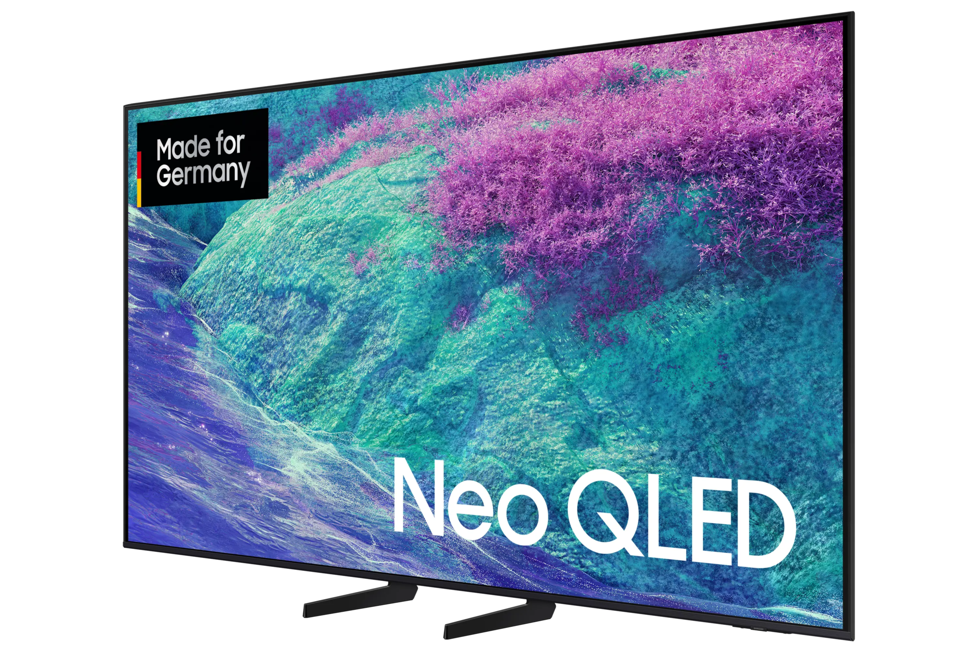Duży ekran telewizora z logo Neo QLED i etykietą 'Made for Germany'.