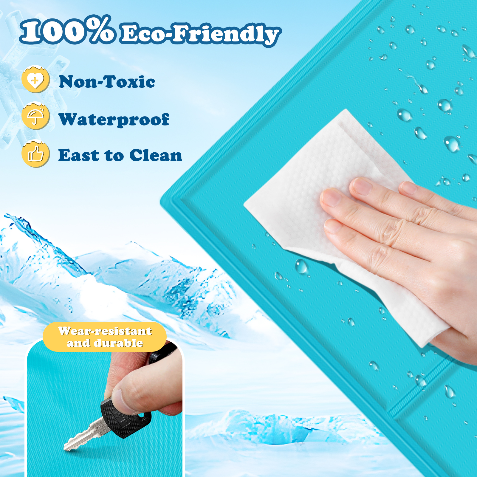 Una persona limpia una almohadilla refrigerante azul con una toallita blanca; texto indica ecológico y duradero.
