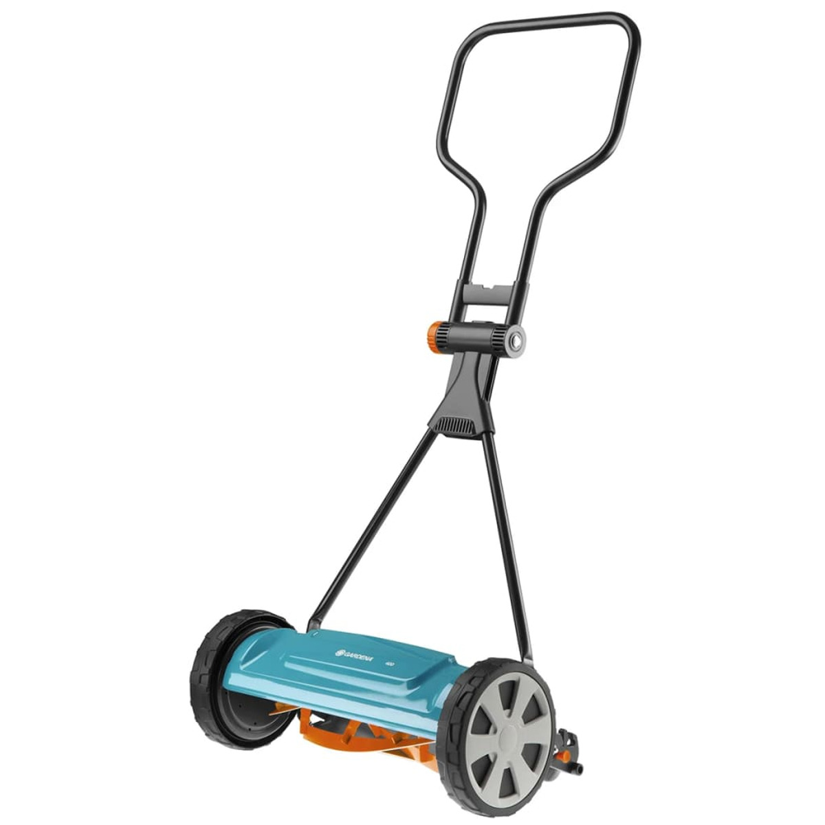 Un cortacésped manual turquesa y naranja con mango y ruedas negros.