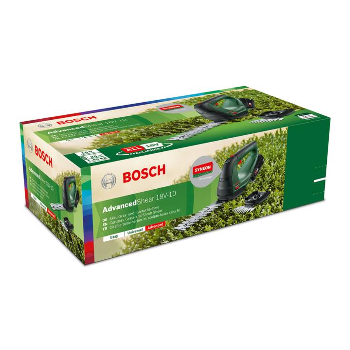 Bosch AdvancedShear 18V-10 Box auf grünem Hintergrund. Die Box zeigt das Produkt und seine Eigenschaften.