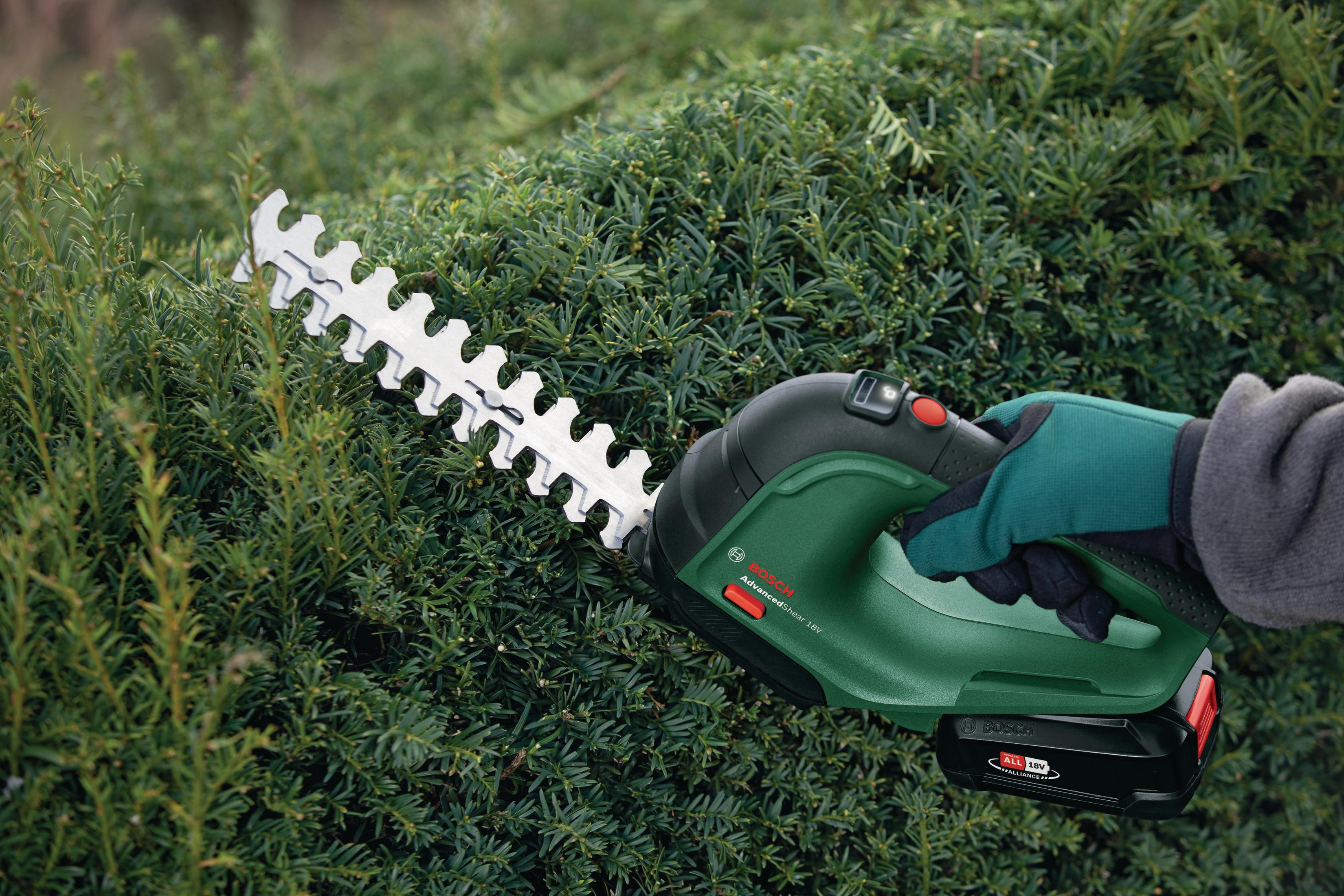Eine Person benutzt eine Heckenschere, um eine Hecke zu schneiden. Die Hecke ist grün.