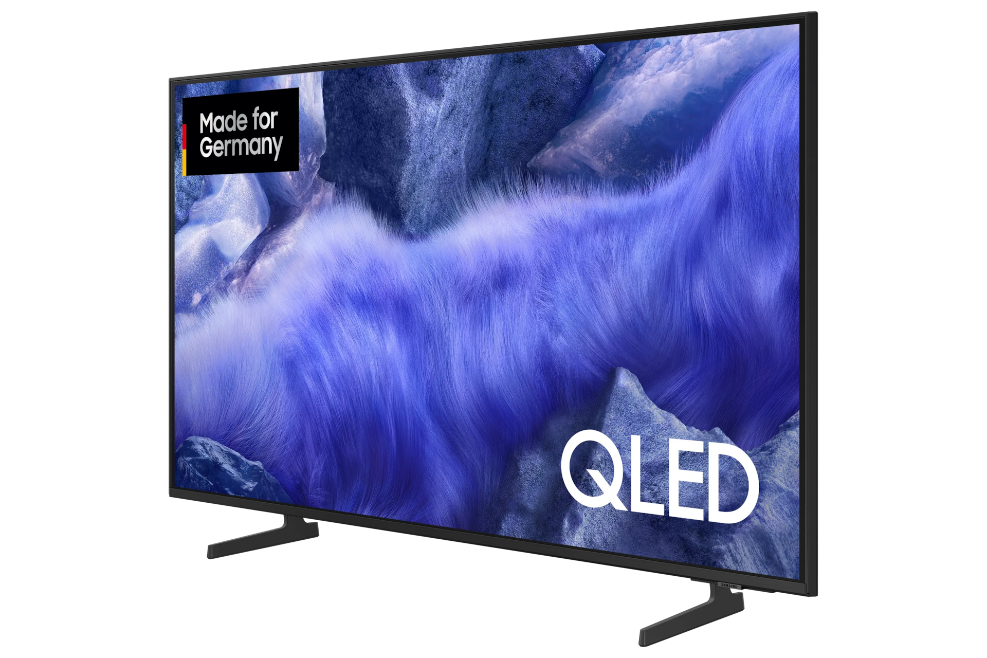 Ein schwarzer Fernseher mit dem QLED-Logo. Der Bildschirm zeigt ein blau-weißes abstraktes Bild, Made for Germany ist sichtbar.