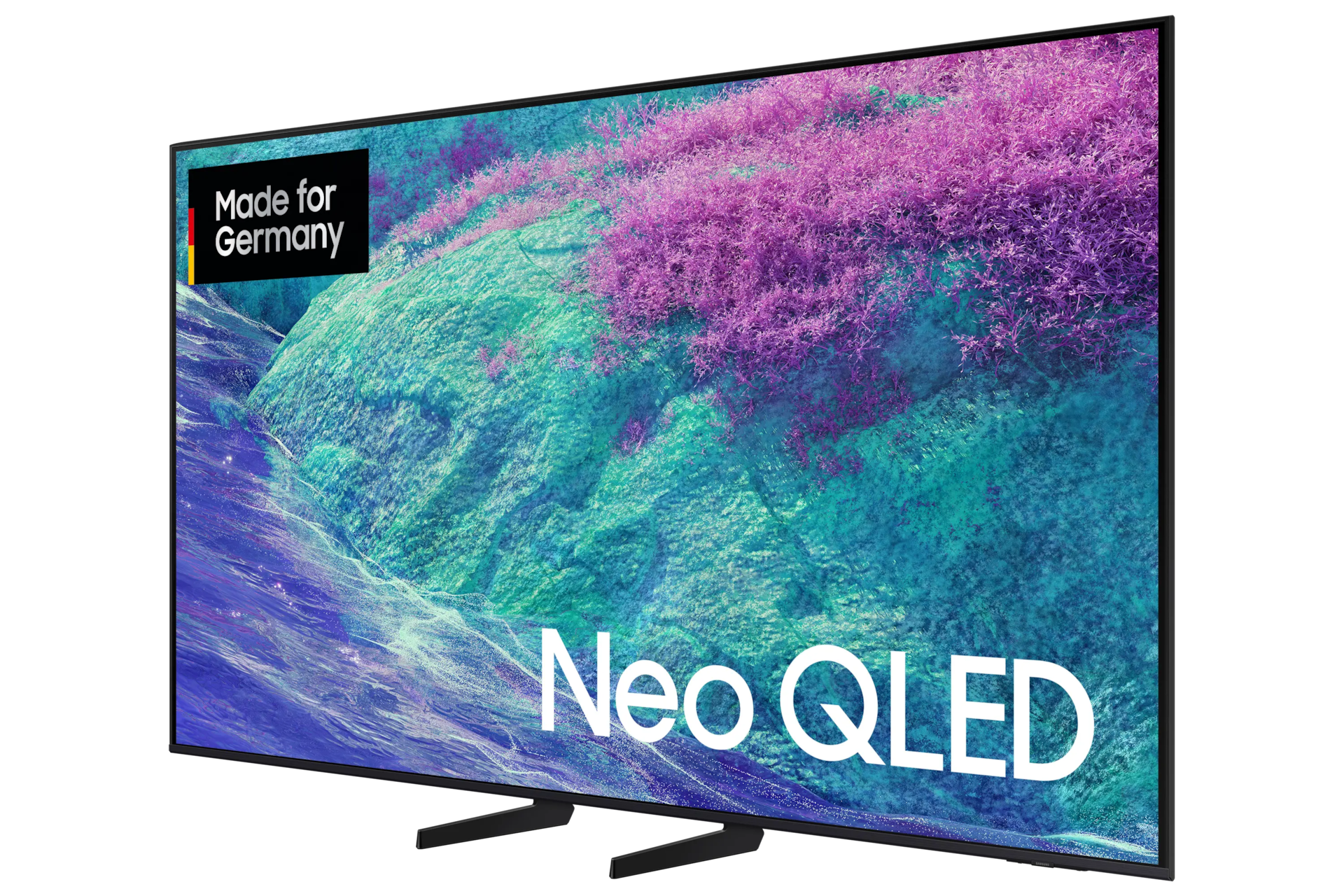 Czarny telewizor z logo Neo QLED. Ekran wyświetla abstrakcyjny obraz w kolorach różu, zieleni i błękitu.