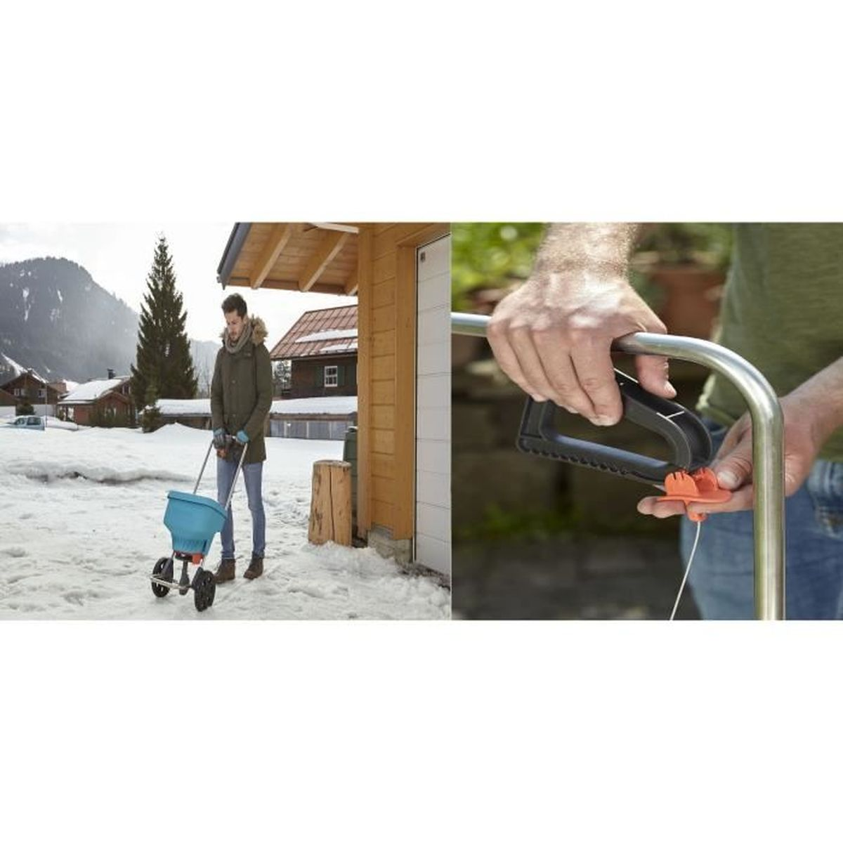 Ein Mann benutzt im Winter einen Streuer. Schnee umgibt ihn, ein Haus im Hintergrund. Er hält den Griff.
