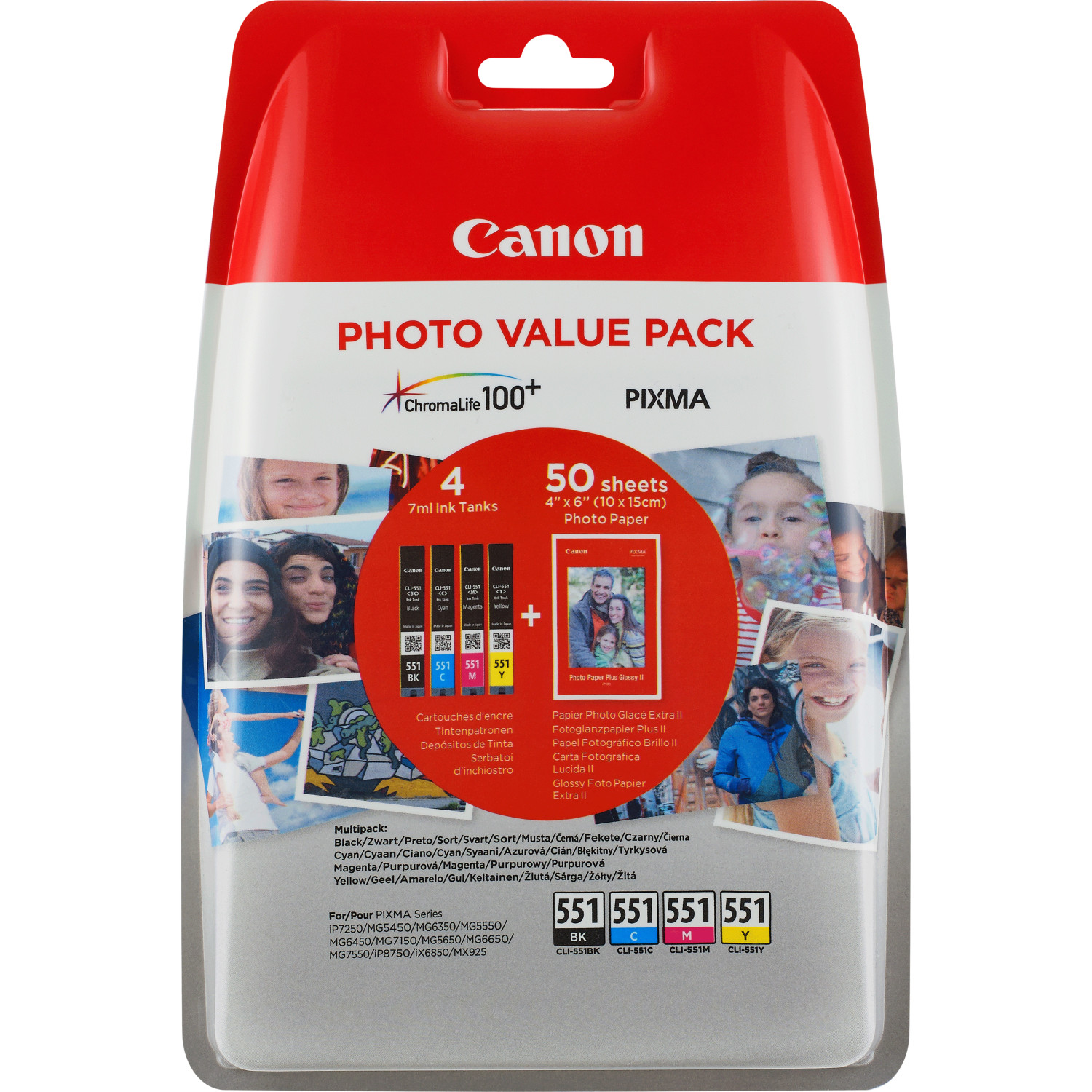 Confezione valore foto Canon. Contiene cartucce d'inchiostro e carta fotografica, mostrando immagini.
