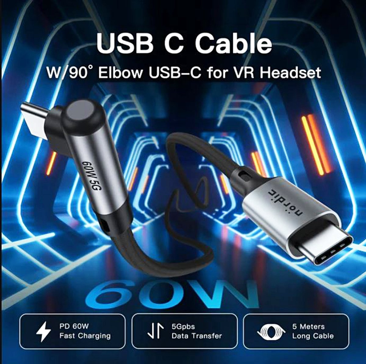 USB-C-kabel met 90° hoek. Zwarte en zilveren kabels met tekst, snelladen en gegevensverzendingspictogrammen.