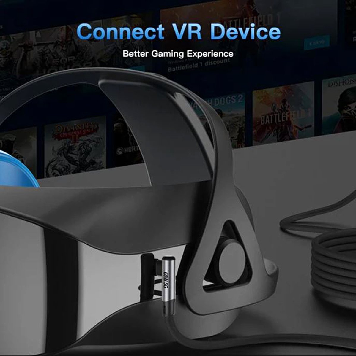 VR-headset aangesloten op een kabel. Tekst: VR-apparaat verbinden. Achtergrond: gamecovers.
