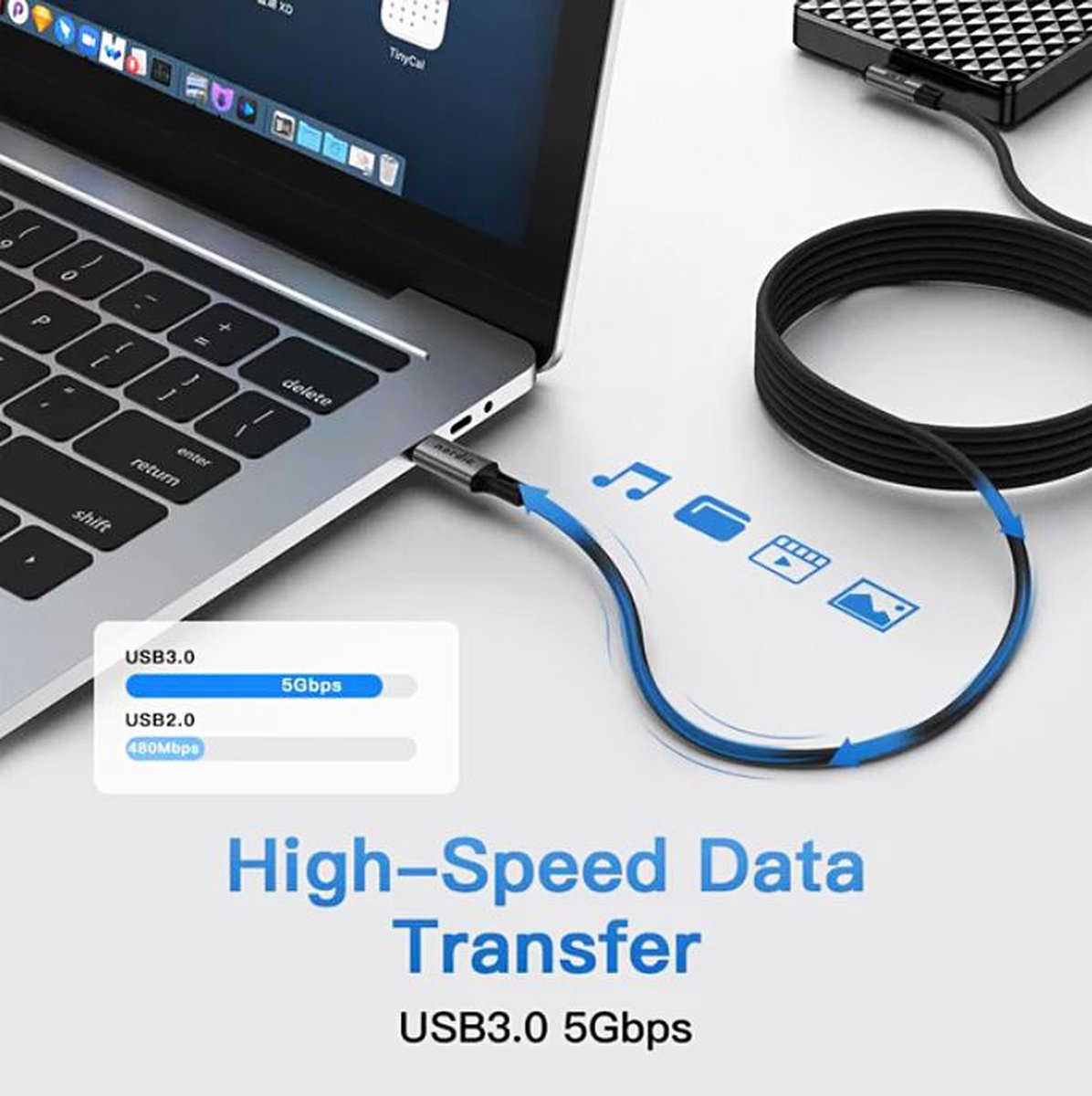 Een laptop is aangesloten op een kabel. De kabel is aangesloten op een apparaat. De tekst luidt: High-Speed ​​Data Transfer.