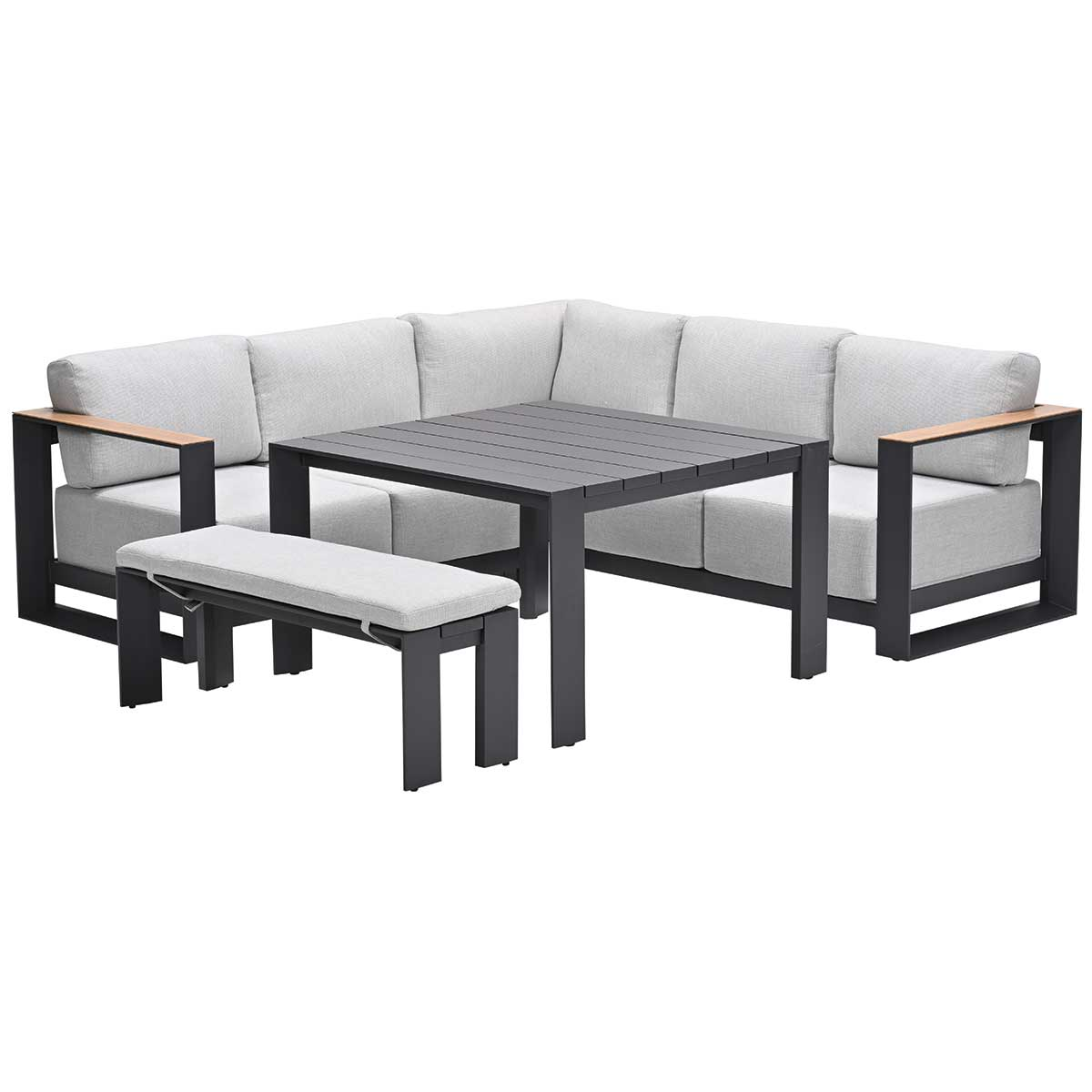 Un ensemble de meubles d'extérieur avec un canapé d'angle, une table et un banc. Les meubles sont gris.