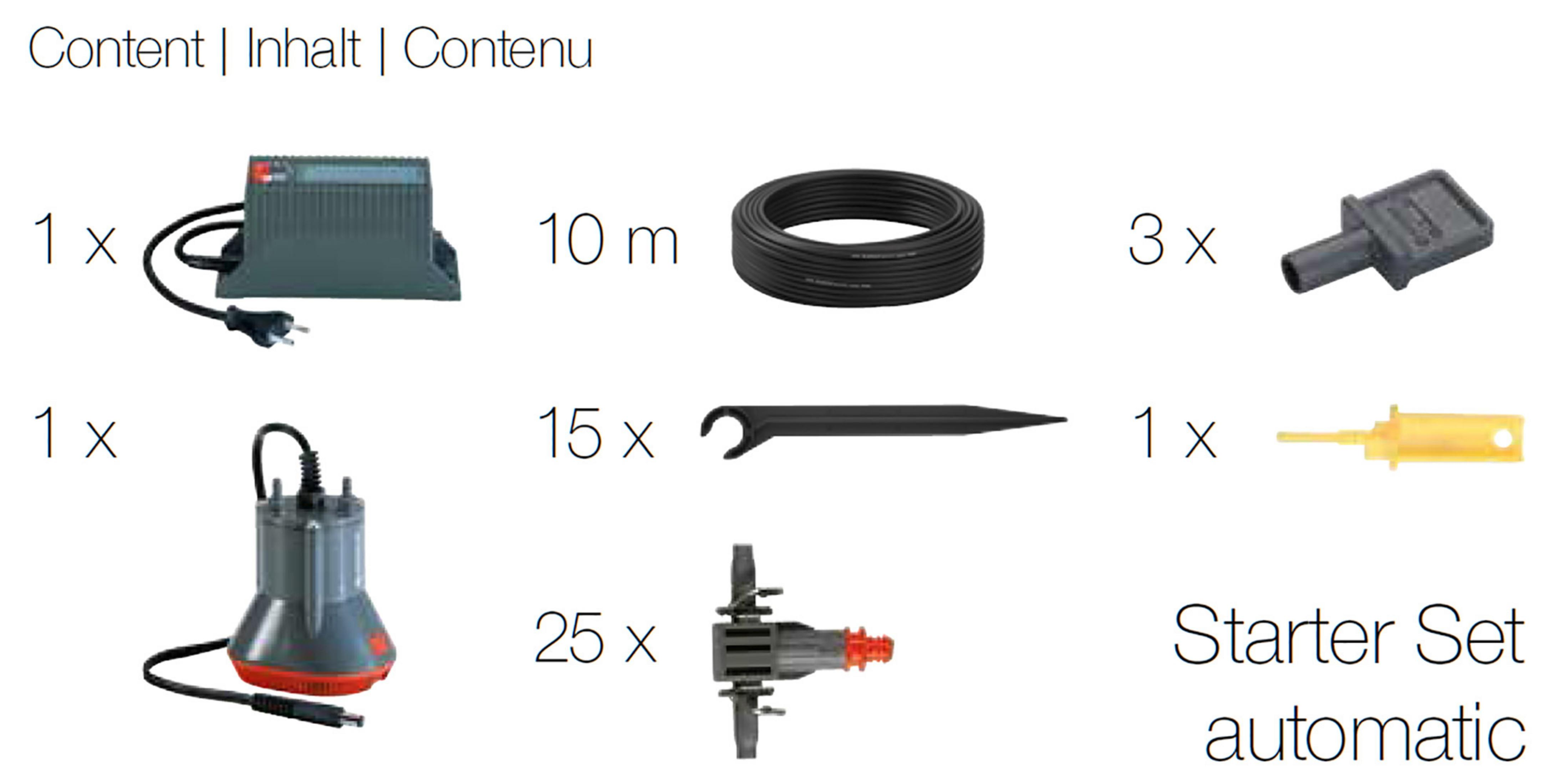 Starter-Set für automatisches Bewässerungssystem. Verschiedene Komponenten sind sichtbar.