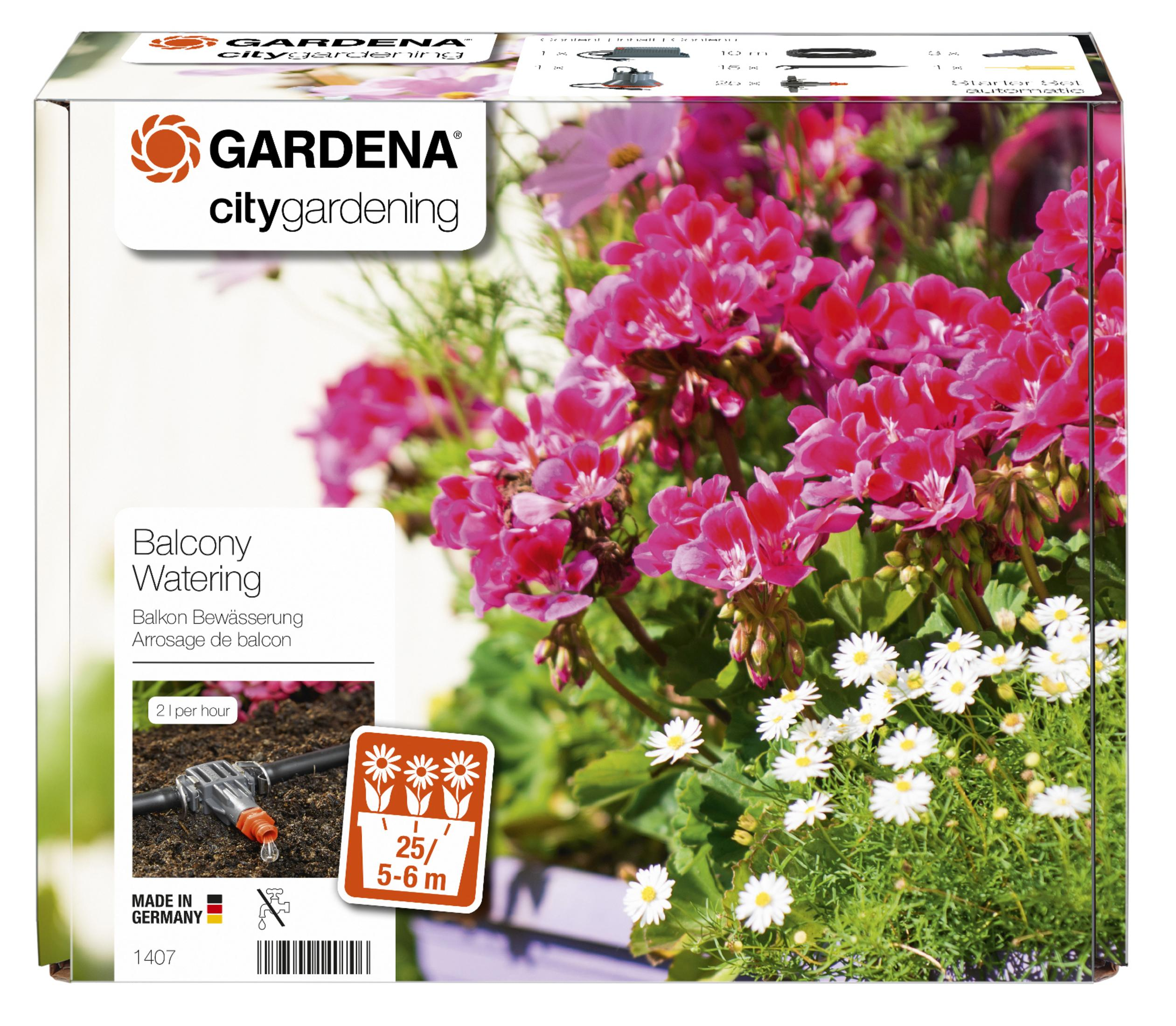 Box mit Blumen und Text 'GARDENA citygardening'. Geranien und Gänseblümchen sind sichtbar.