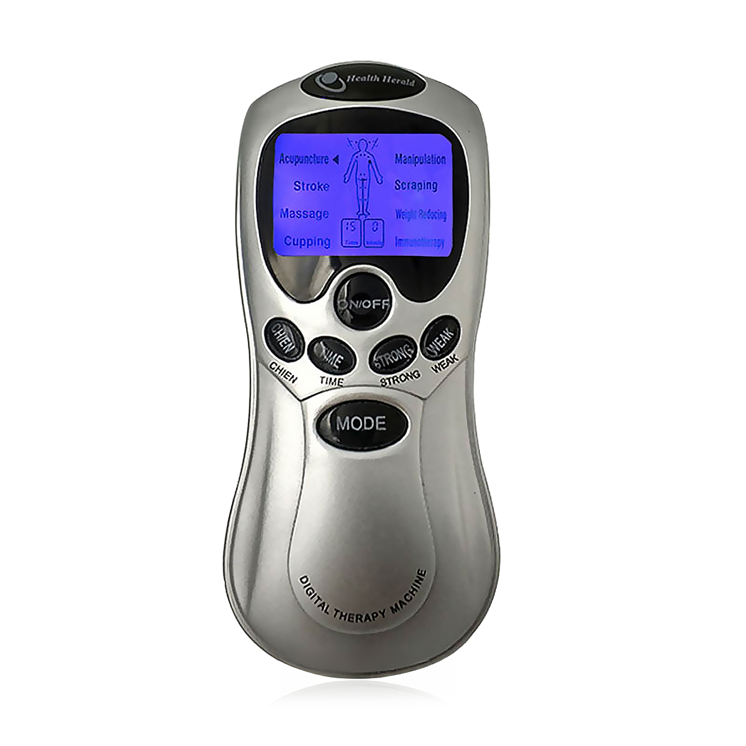 Silbernes digitales Therapiegerät mit mehreren Funktionstasten und blauem LCD-Bildschirm.