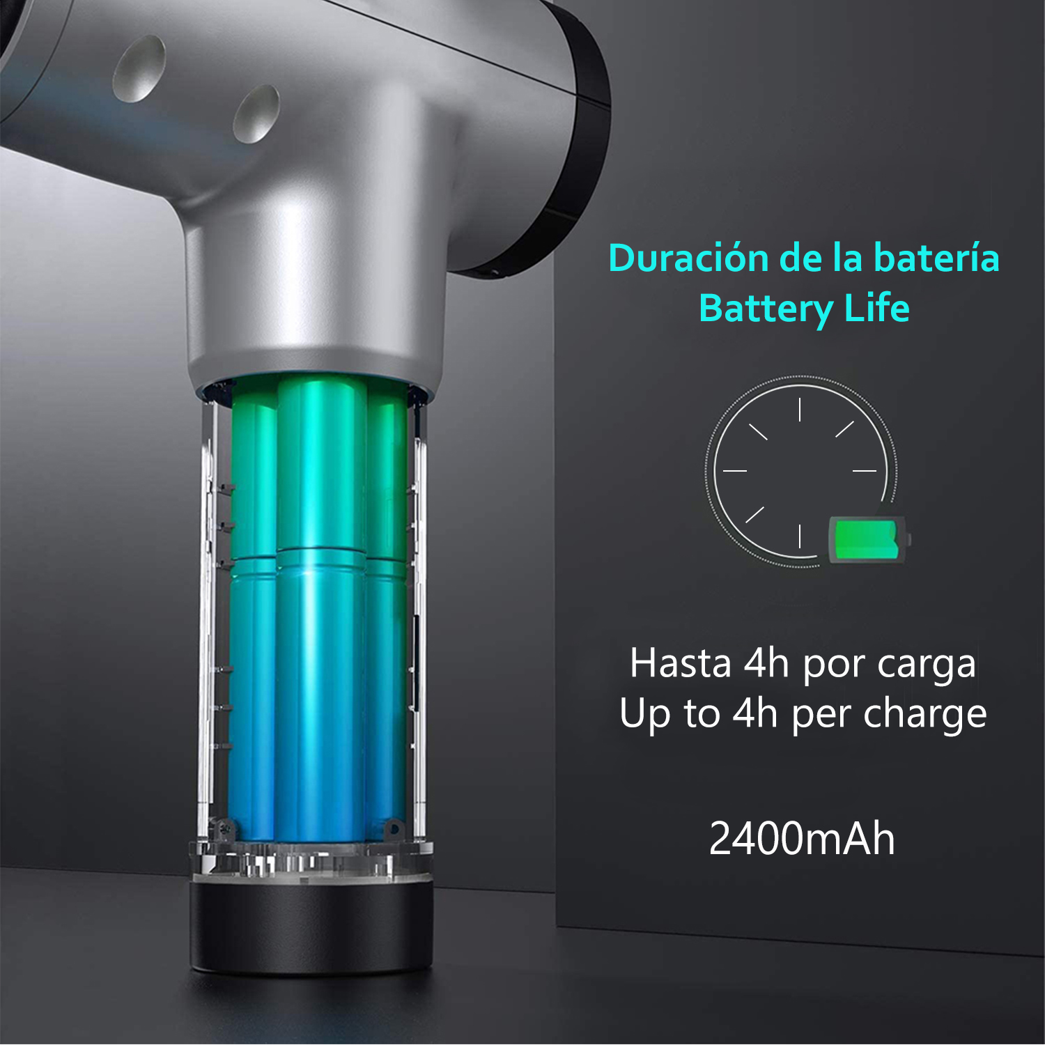 Vista en corte de un dispositivo que muestra la duración de la batería y la capacidad de 2400 mAh.