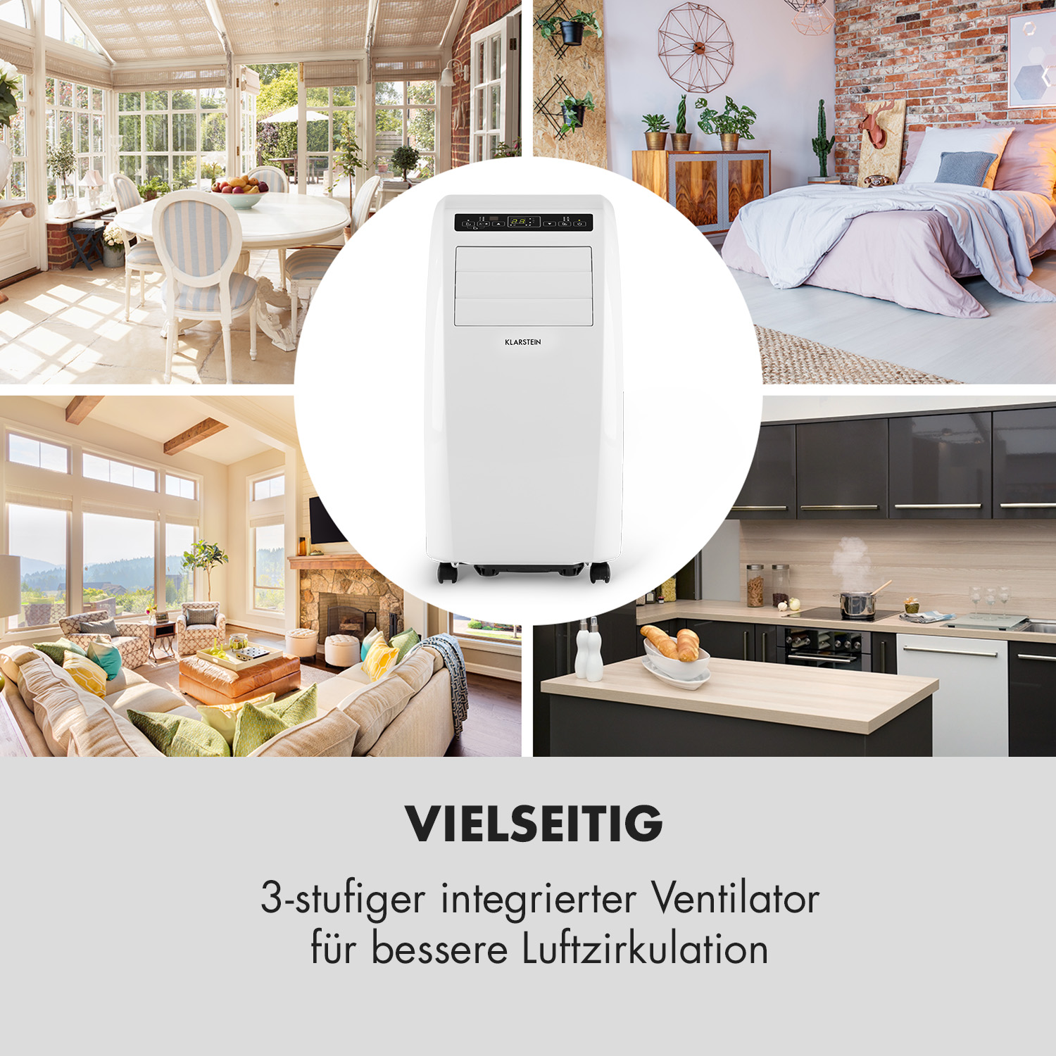 Eine Collage von Räumen mit einem weißen Klimagerät, mit Text: vielseitig.