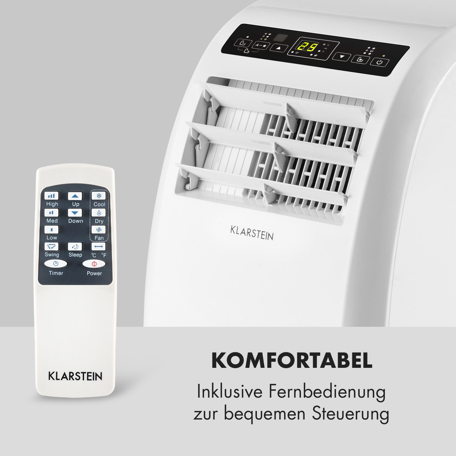 Eine Fernbedienung und ein Teil einer Klimaanlage mit dem Wort 'KOMFORTABEL'.