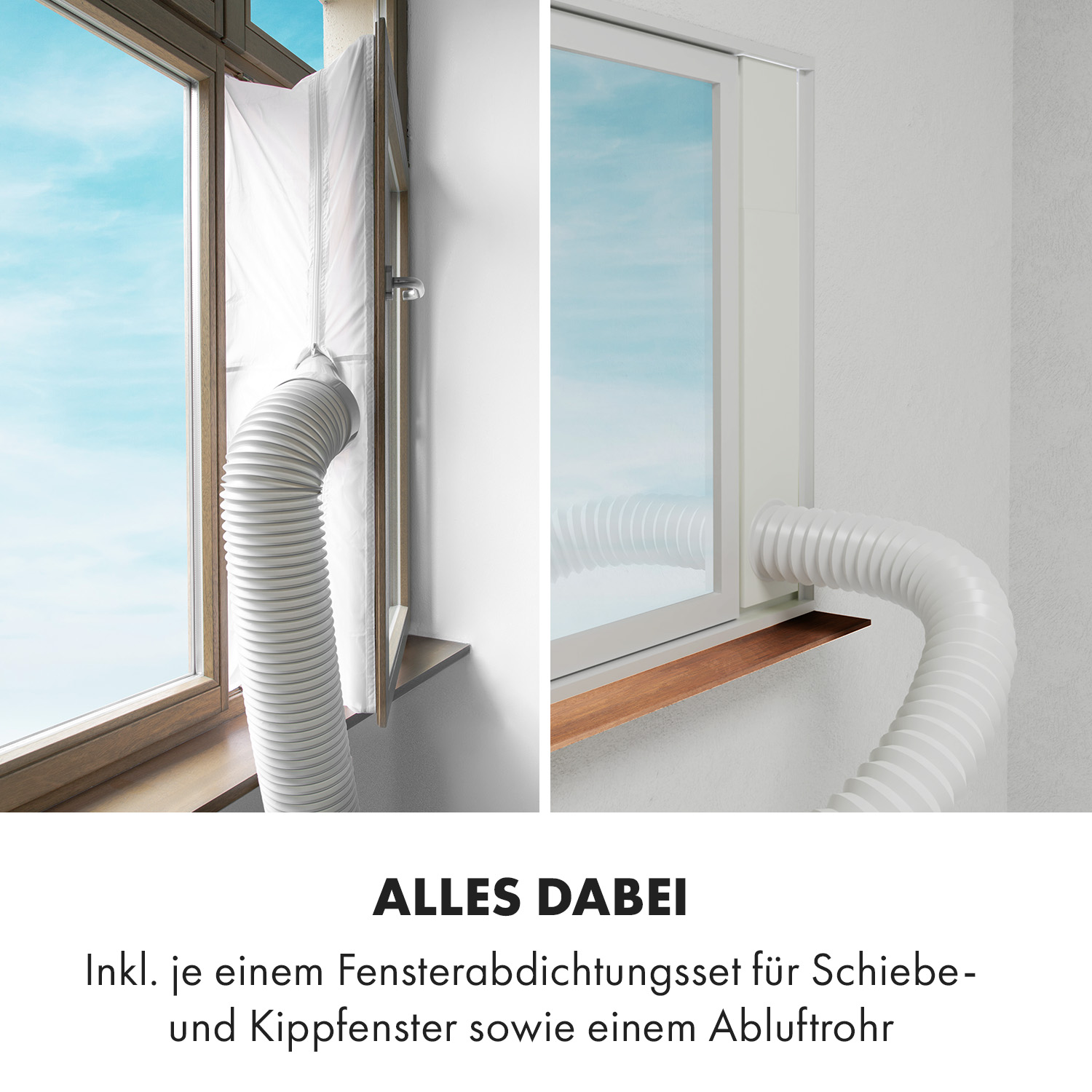 Zwei Fenster zeigen Klimaanlagenschlauchinstallationen. Eines ist ein Schiebefenster und das andere ein Kippfenster.