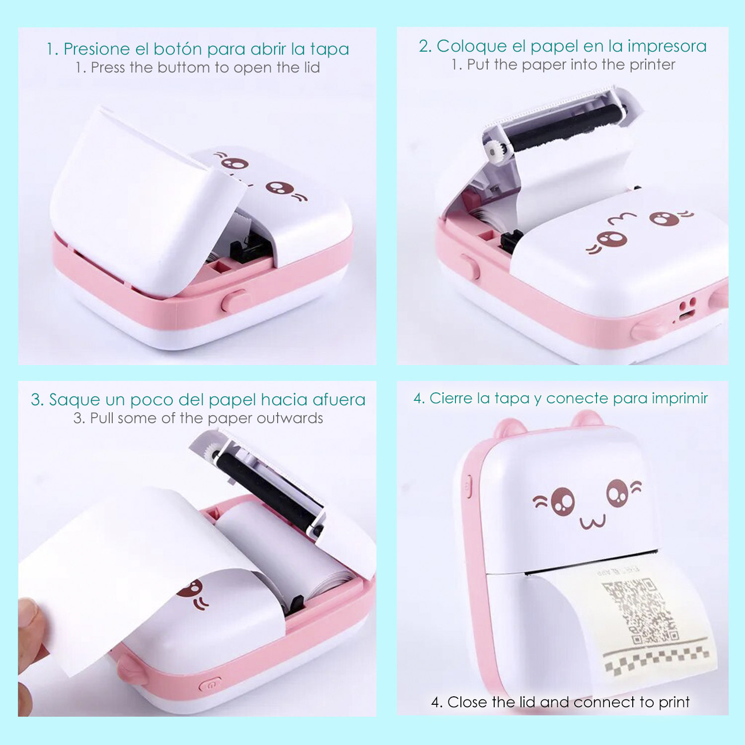 Una pequeña impresora rosa y blanca en cuatro pasos: abrir, insertar papel, tirar del papel e imprimir.