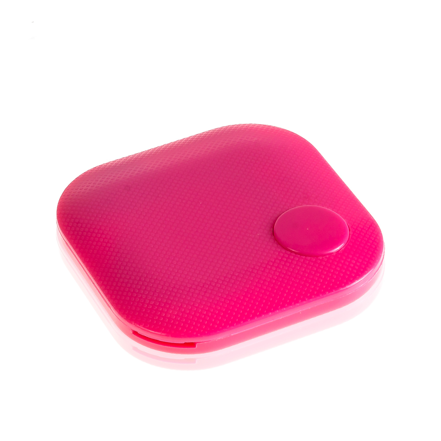 Estuche rosa, cuadrado y cerrado con un solo círculo rosa más pequeño en la parte superior.
