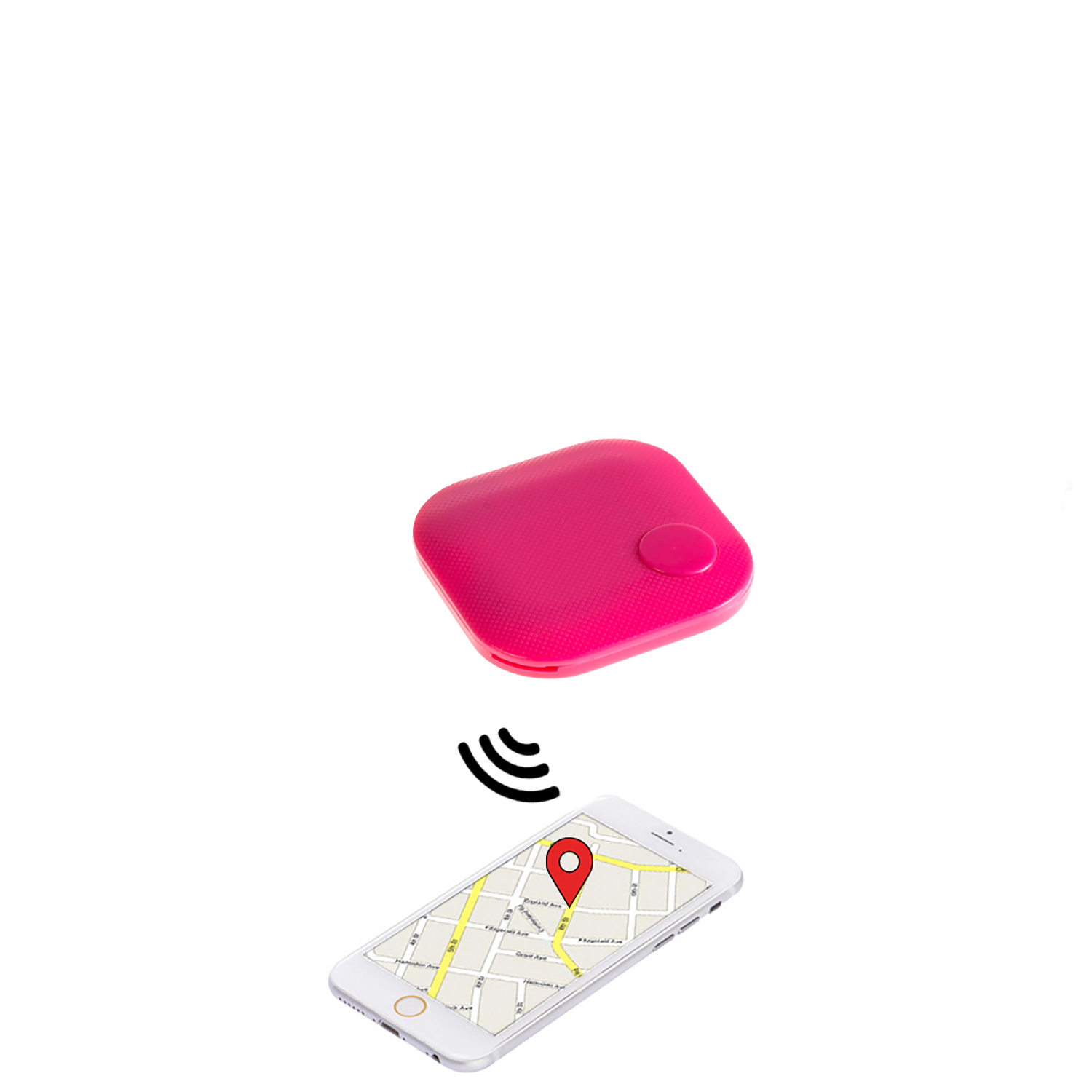 Dispositivo de rastreo rosa con un teléfono que muestra una ubicación en un mapa.