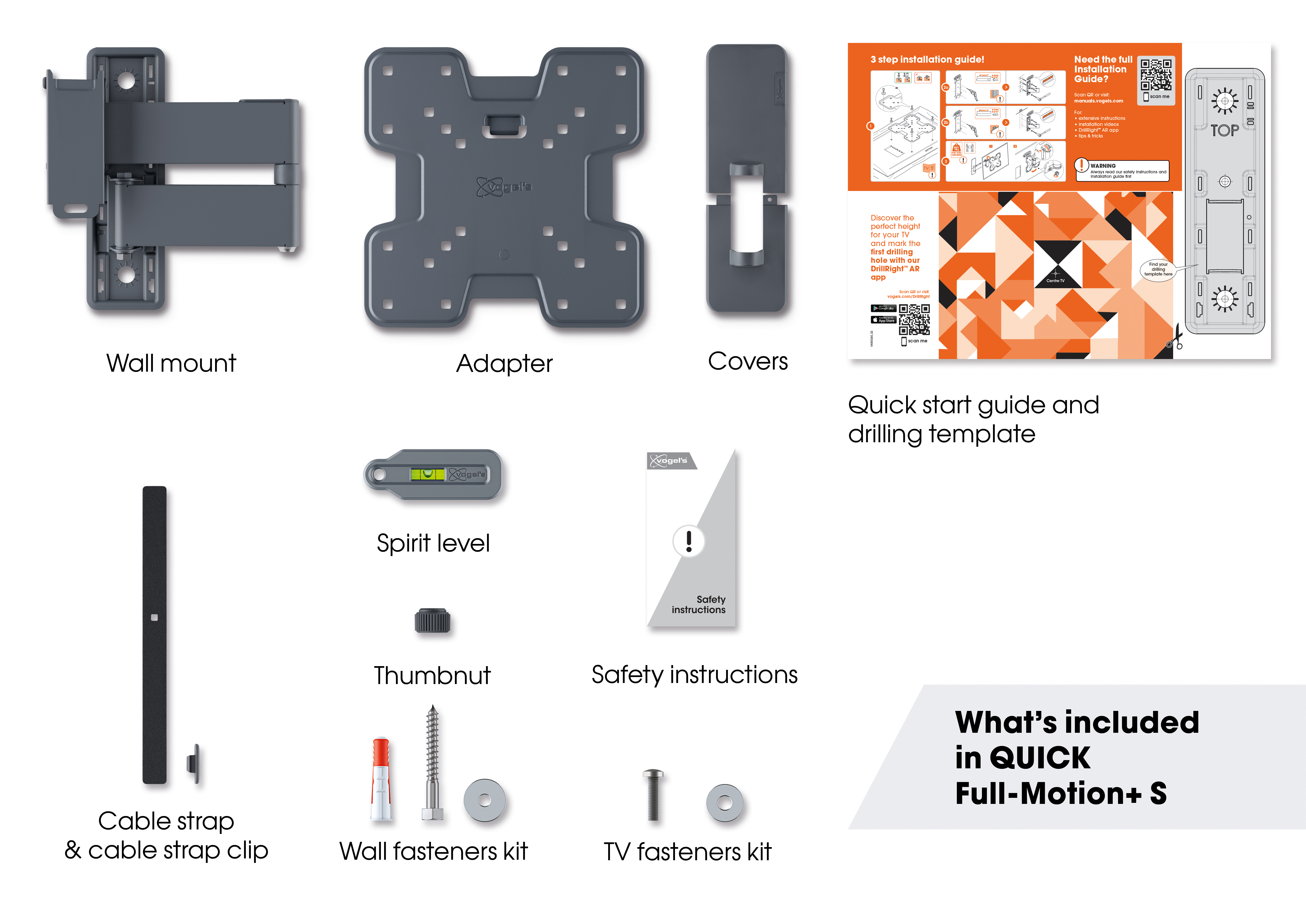 Elementy uchwytu TV: uchwyt ścienny, adapter, osłony, instrukcja, poziomica, śruba radełkowana, mocowania, opaska kablowa.