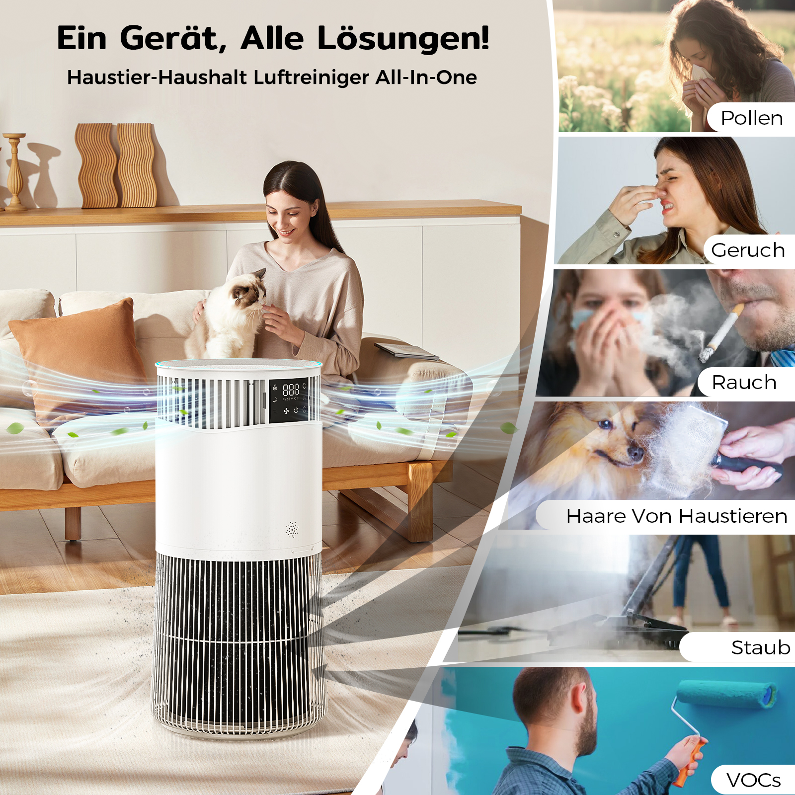 Luftreiniger mit Frau und Katze. Symbole zeigen Lösungen für Pollen, Gerüche, Rauch, Tierhaare, Staub und VOCs.