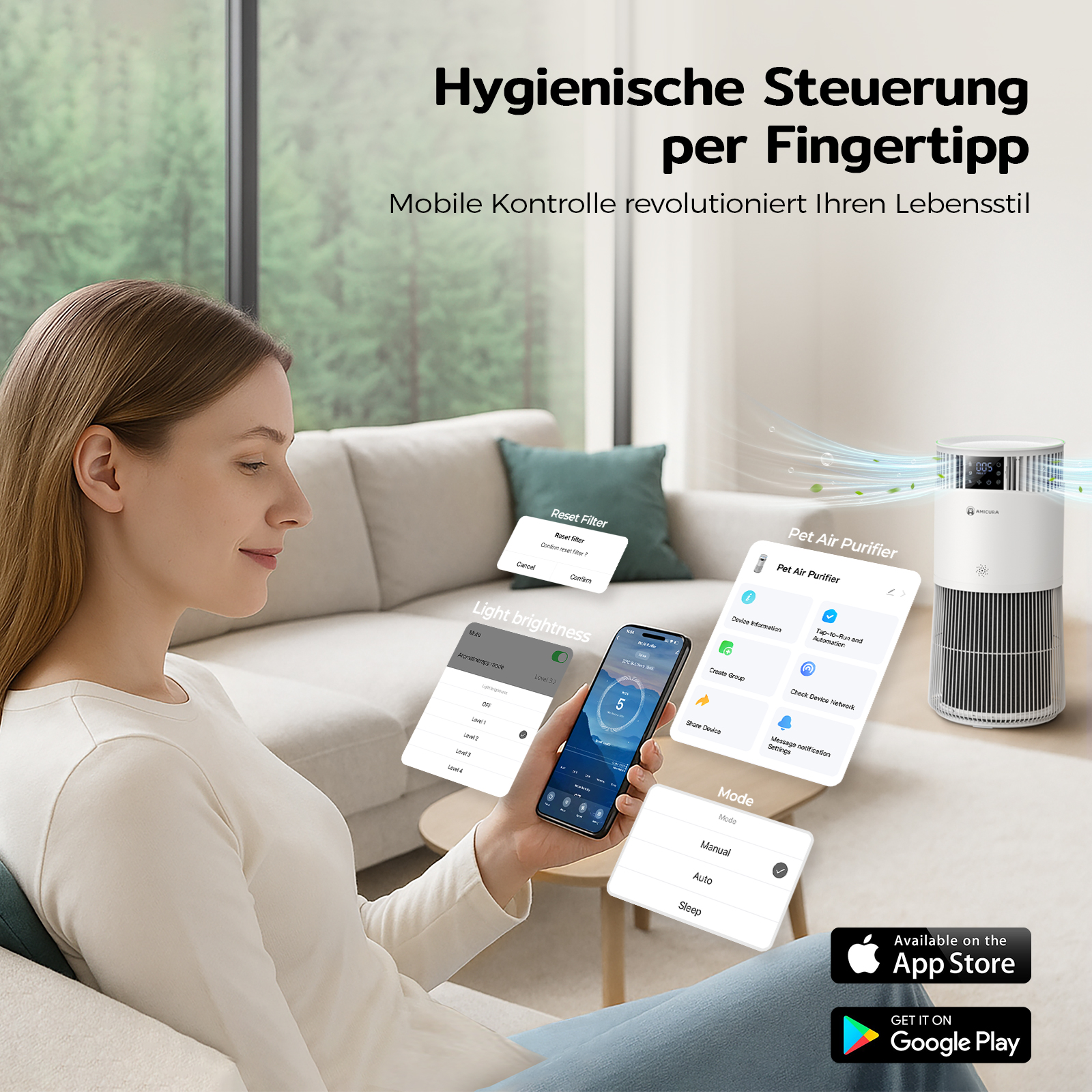 Frau steuert Luftreiniger mit Smartphone. Zeigt App-Oberfläche mit Optionen für Licht und Modus.