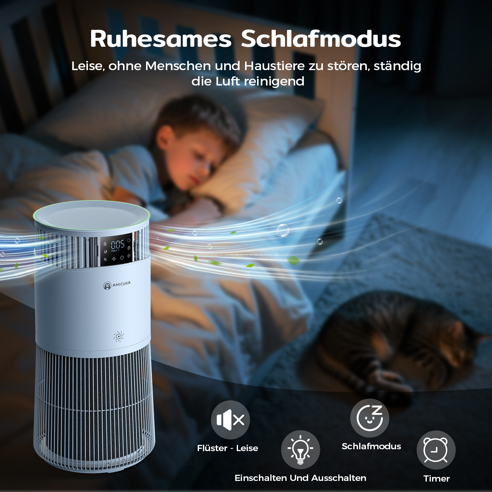 Luftreiniger im Schlafzimmer mit schlafendem Kind und Katze. Symbole heben Funktionen wie Schlafmodus und Timer hervor.