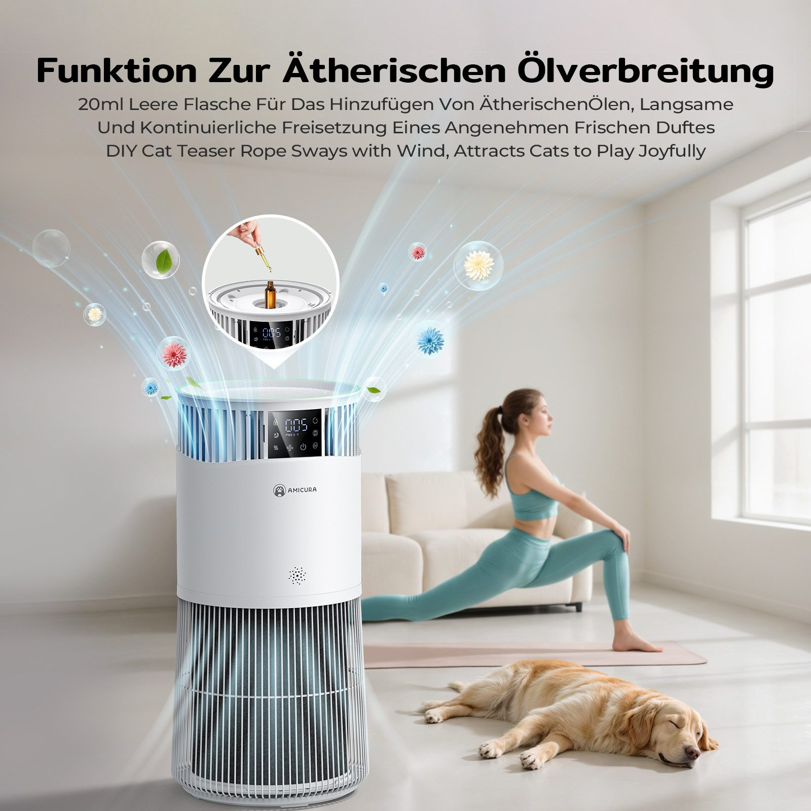 Luftreiniger mit einer Yoga machenden Frau und einem Hund. Zeigt eine Funktion zur ätherischen Öldiffusion.