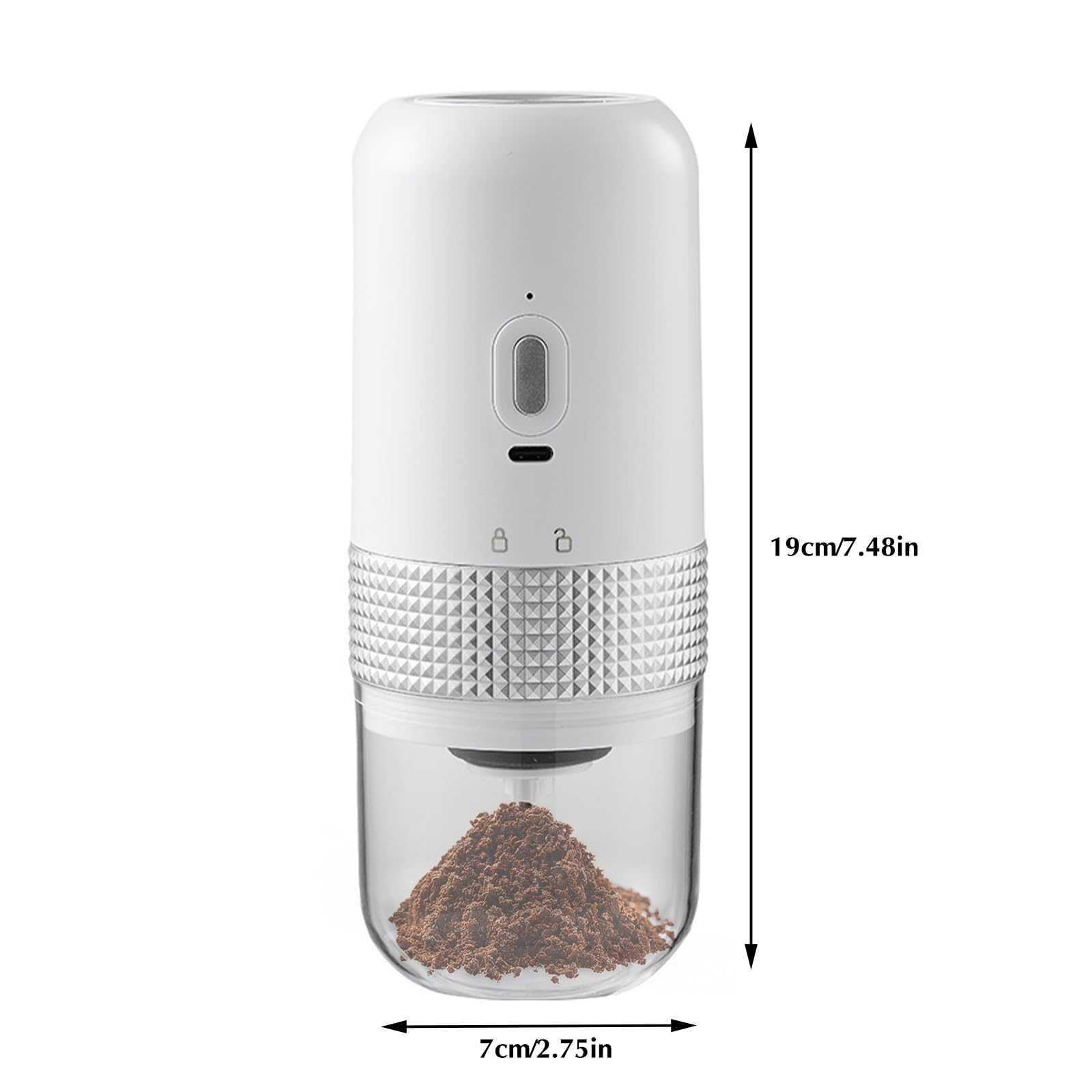 Weißer Kaffeemühle mit Kaffeepulver unten. Maße sind 19cm/7.48in x 7cm/2.75in.
