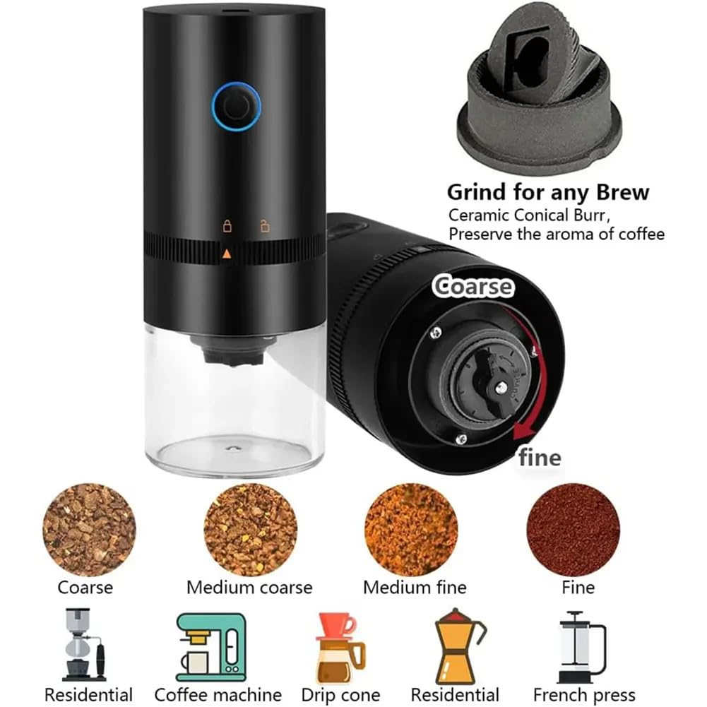 Zwei Kaffeemühlen mit verschiedenen Mahlgradeinstellungen, beschriftet mit grob, mittel und fein.