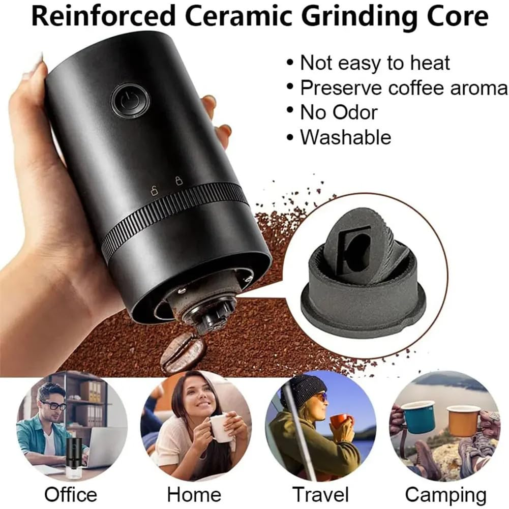 Eine schwarze Kaffeemühle mit Kaffeebohne, Ausschnitt und Bildern von Leuten, die sie benutzen.