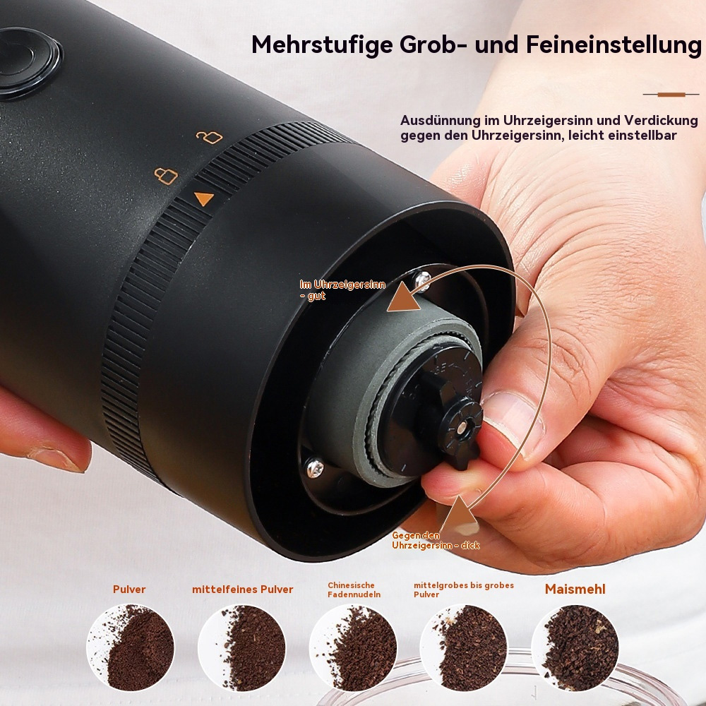 Nahaufnahme des schwarzen Mahlwerks-Einstellrings mit verschiedenen Kaffeemehltexturen.