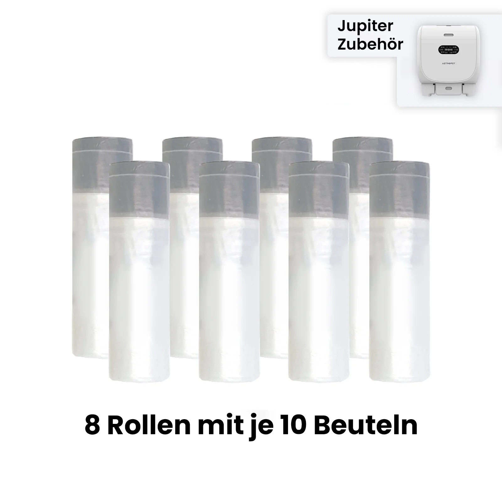 Otto rotoli di sacchetti di plastica trasparenti, ciascuno con un coperchio grigio, per lo smaltimento.
