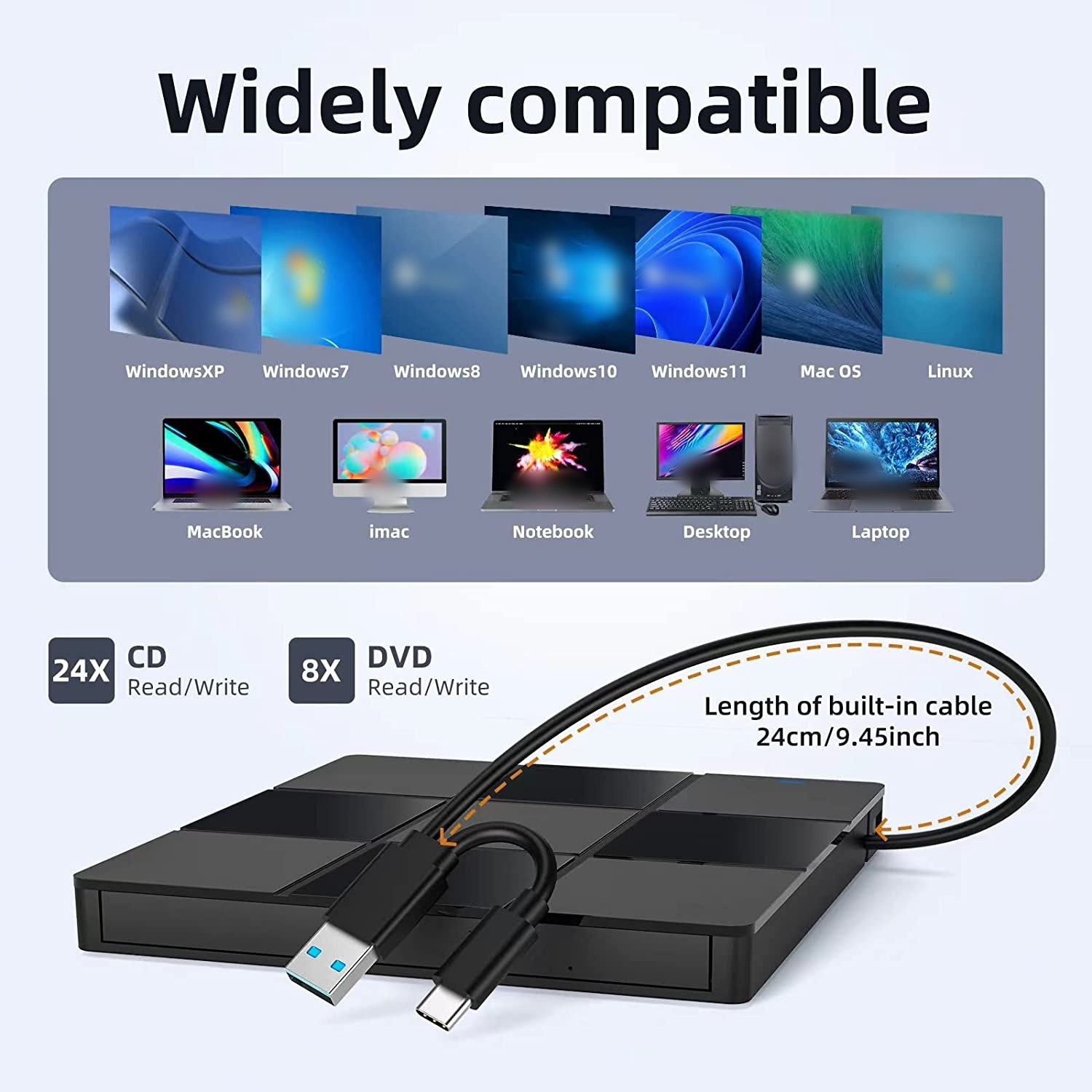 Eine Abbildung, die einen schwarzen Hub mit CD-Laufwerk und USB-Anschlüssen sowie Kompatibilität mit verschiedenen Geräten zeigt.