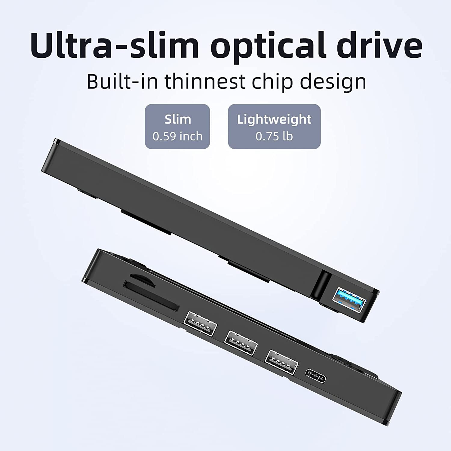Zwei schwarze Hubs mit USB-Anschlüssen und einem schlanken Design. Ein Hub ist als 0,59 Zoll schlank und 0,75 lb leicht gekennzeichnet.