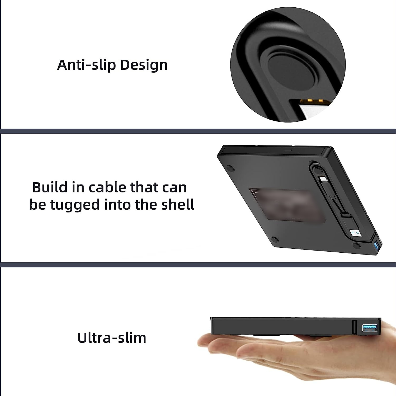 Schwarzes Gerät mit USB-Anschluss, in der Hand. Weißer Hintergrund. Zeigt Anti-Rutsch-Design und eingebautes Kabel.