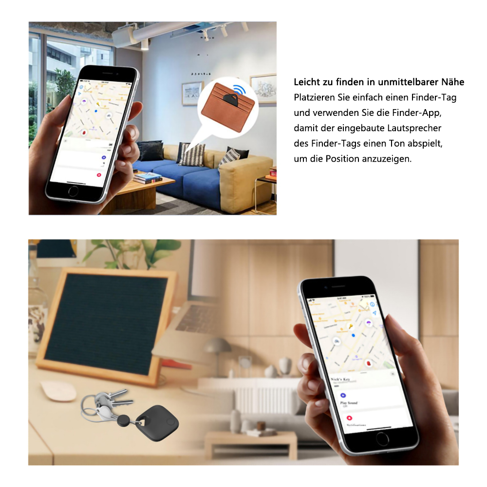 Bilder zeigen ein Smartphone mit Karte und einen schwarzen Tile an einem Schlüsselbund.