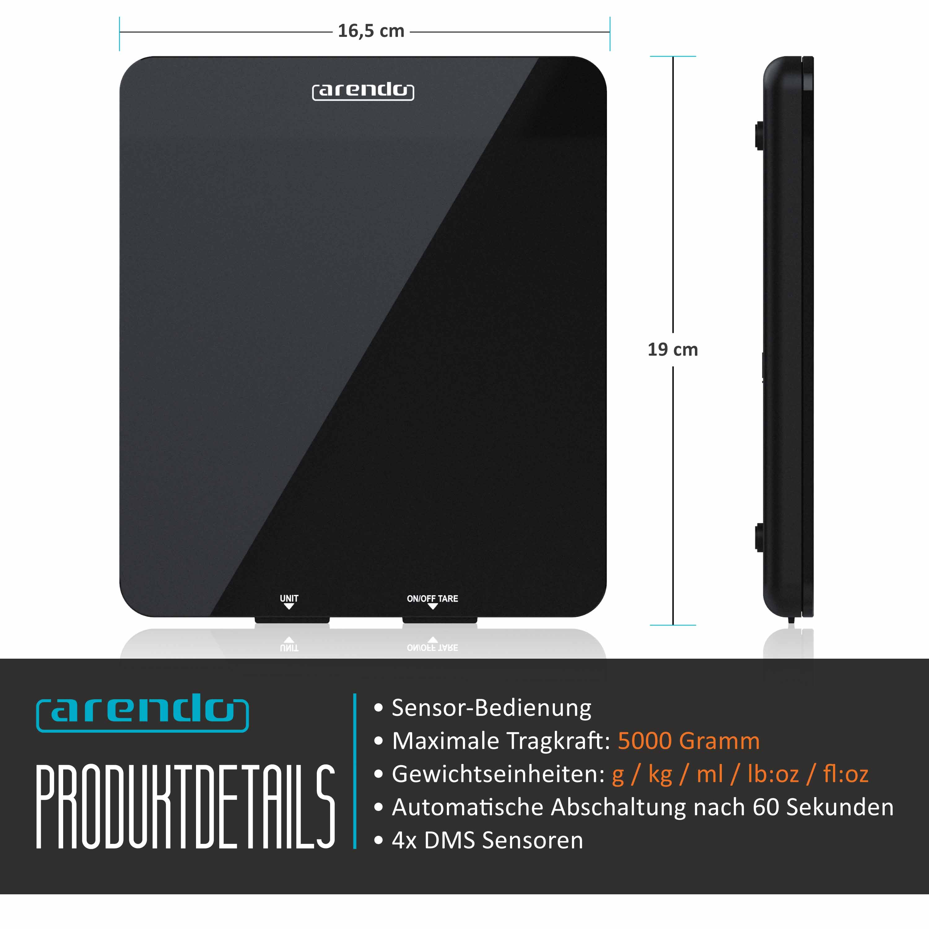 Schwarze Waage mit Produktdetails: 5000g max, g/kg/ml/lb:oz/fl:oz, automatische Abschaltung.