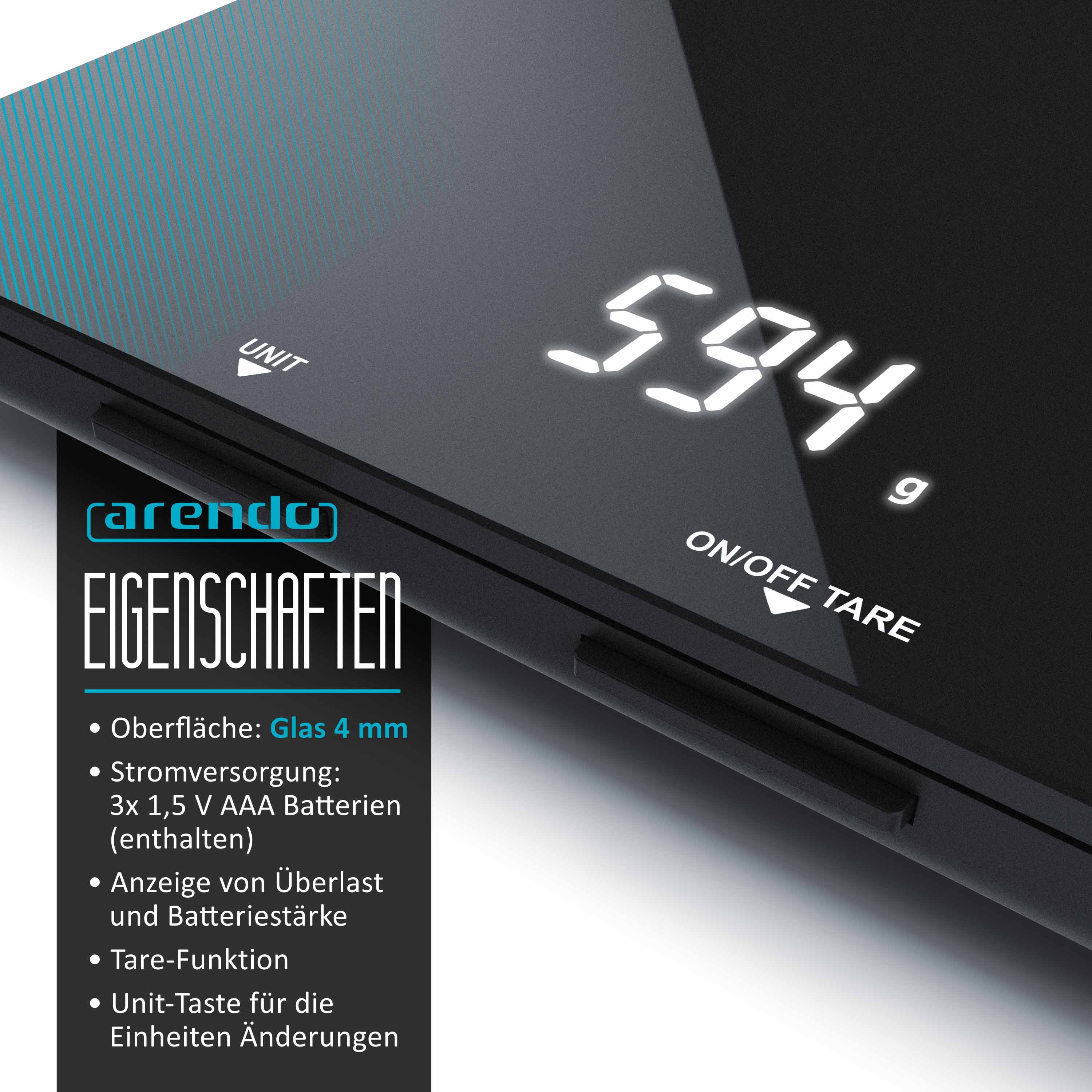 Eine schwarze Digitalwaage mit 594g, mit Text auf der Seite.