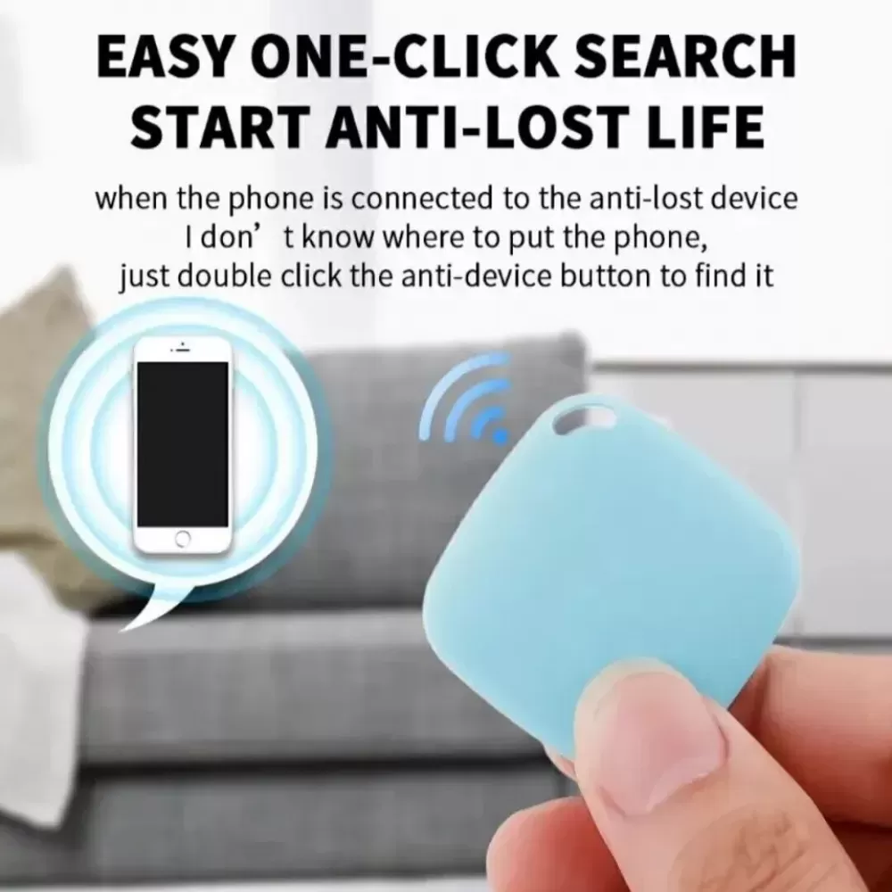 Ein Telefonsymbol mit einer Sprechblase, die ein blaues Anti-Verlust-Gerät zeigt, Text oben.